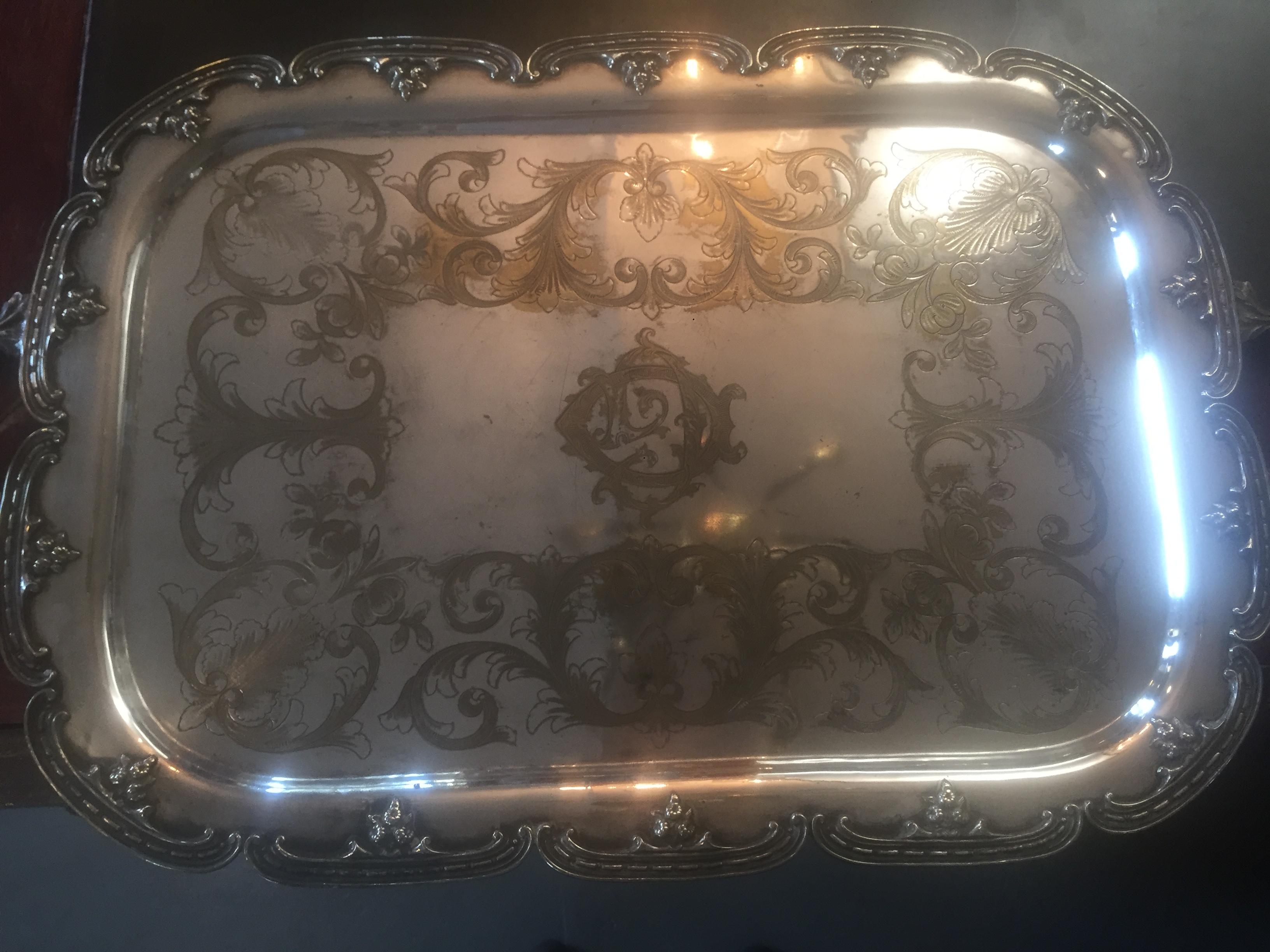 20th Century Louis XV Style Silver Plate Monogramed Tray, 1900s For Sale 1