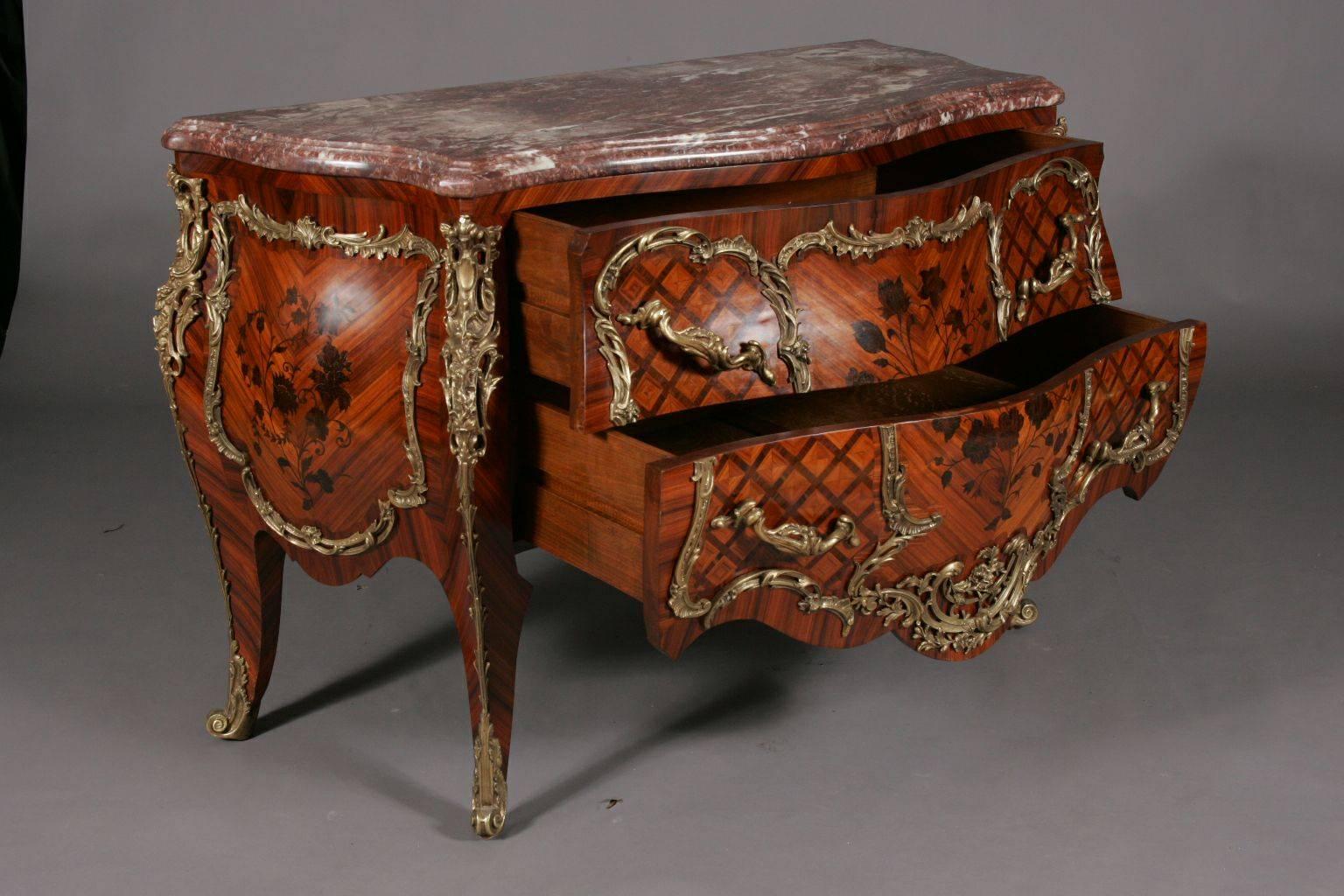 Veneer 20th Century Louis XV Style Tulipwood French Commode For Sale