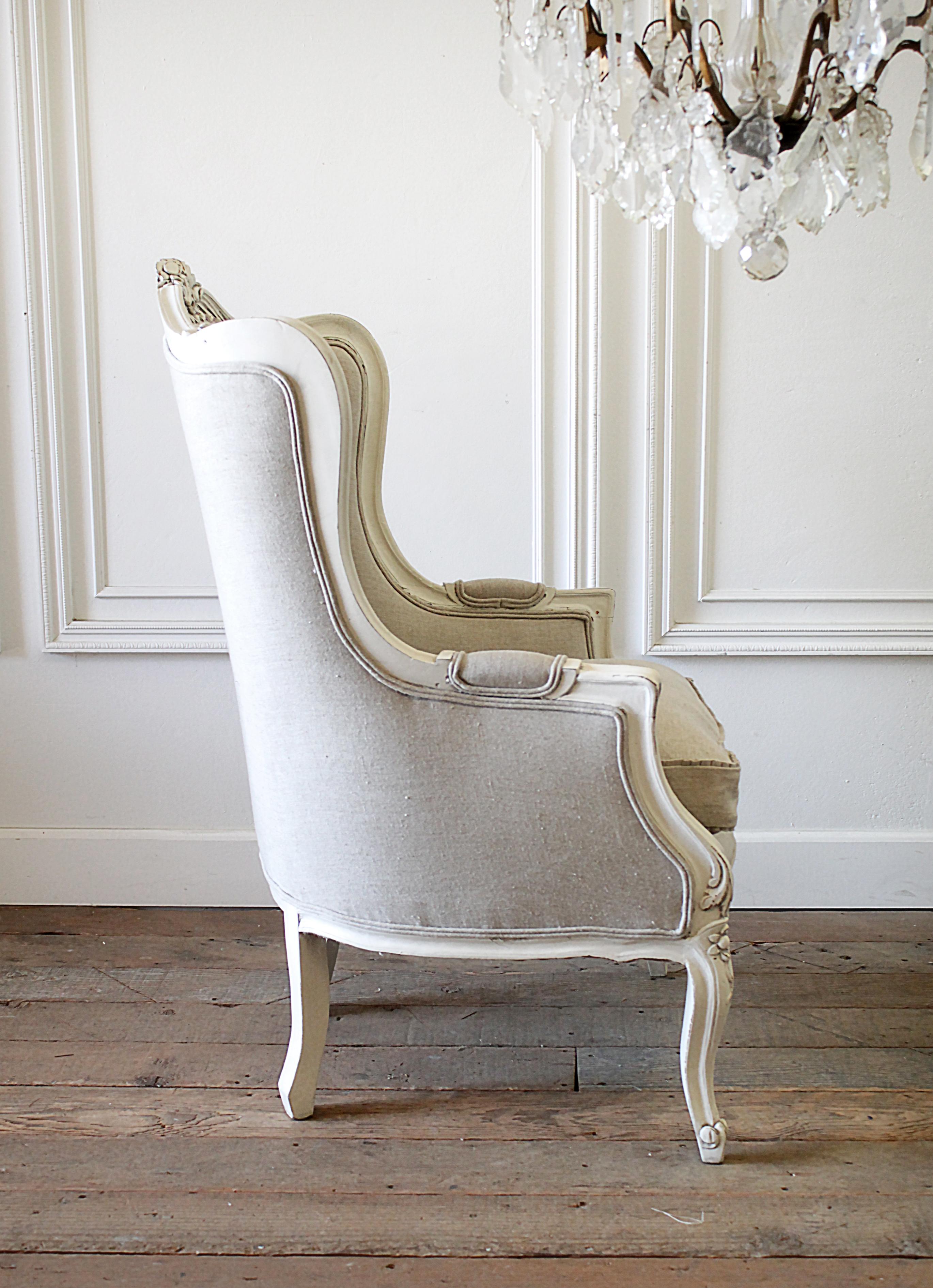 20th Century Louis XV Style Wing Back Chair New Belgian Linen Upholstery 11