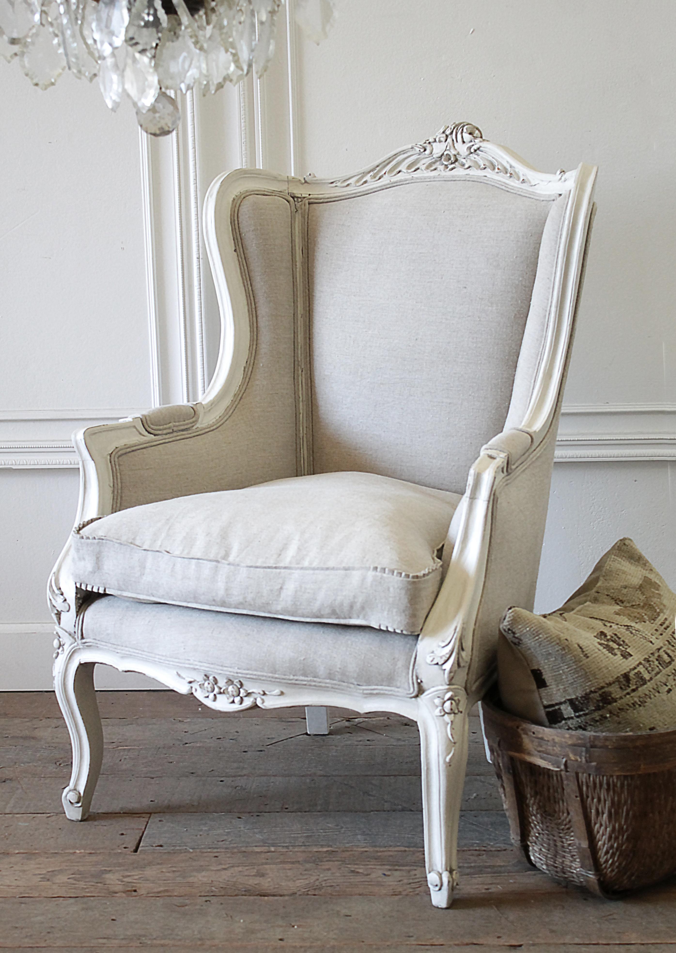 European 20th Century Louis XV Style Wing Back Chair New Belgian Linen Upholstery
