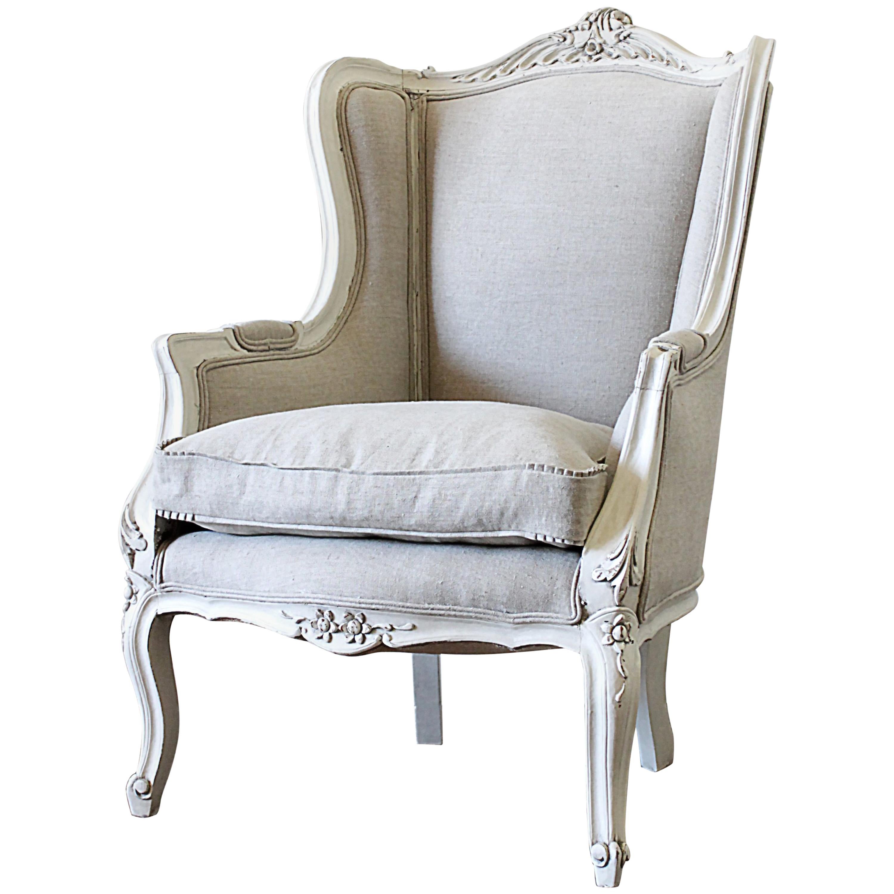 20th Century Louis XV Style Wing Back Chair New Belgian Linen Upholstery