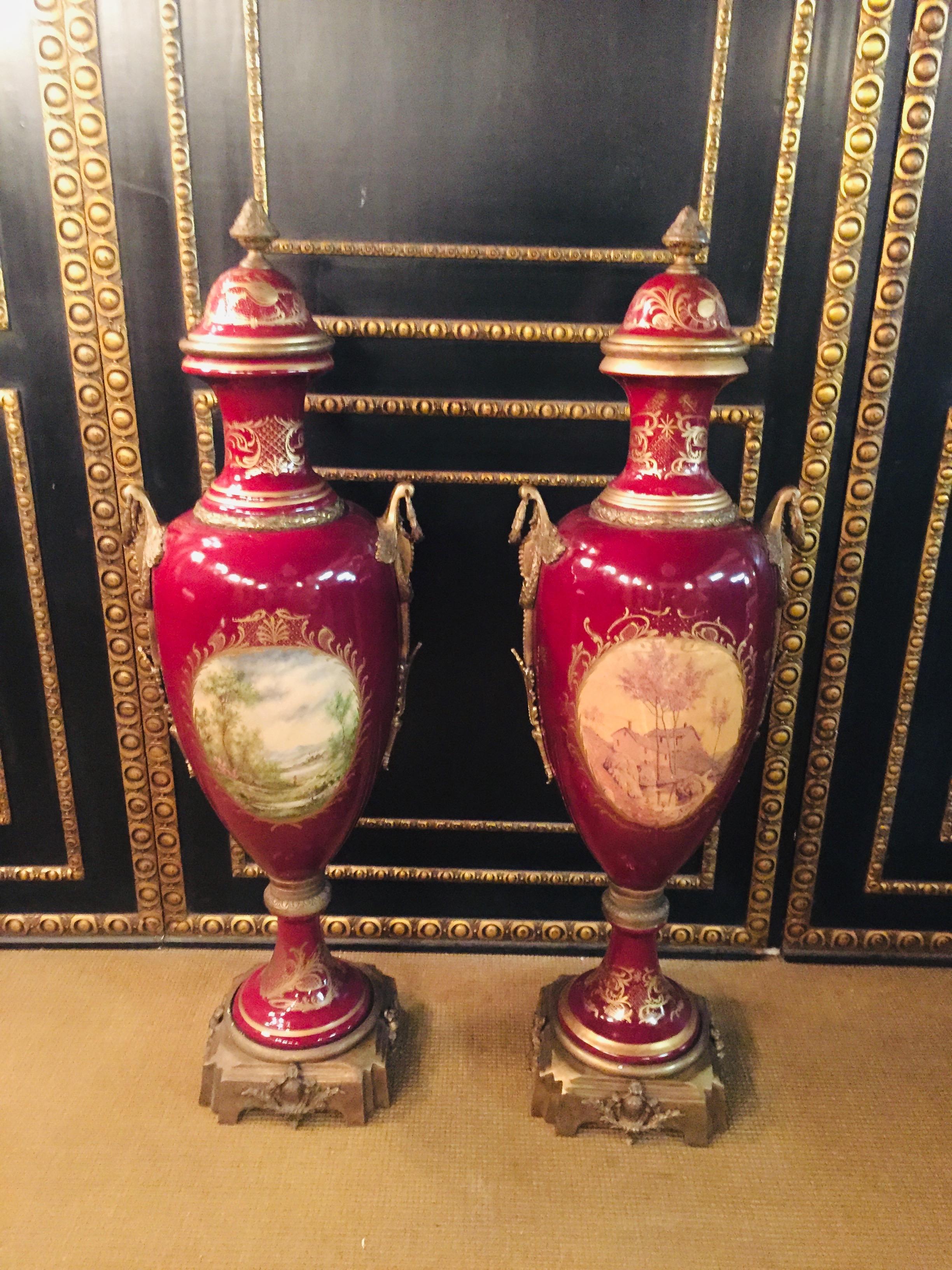 20th Century Louis XVI 2 Sevre Pompe Lidded Vases Marie Antoinette porcelain 4