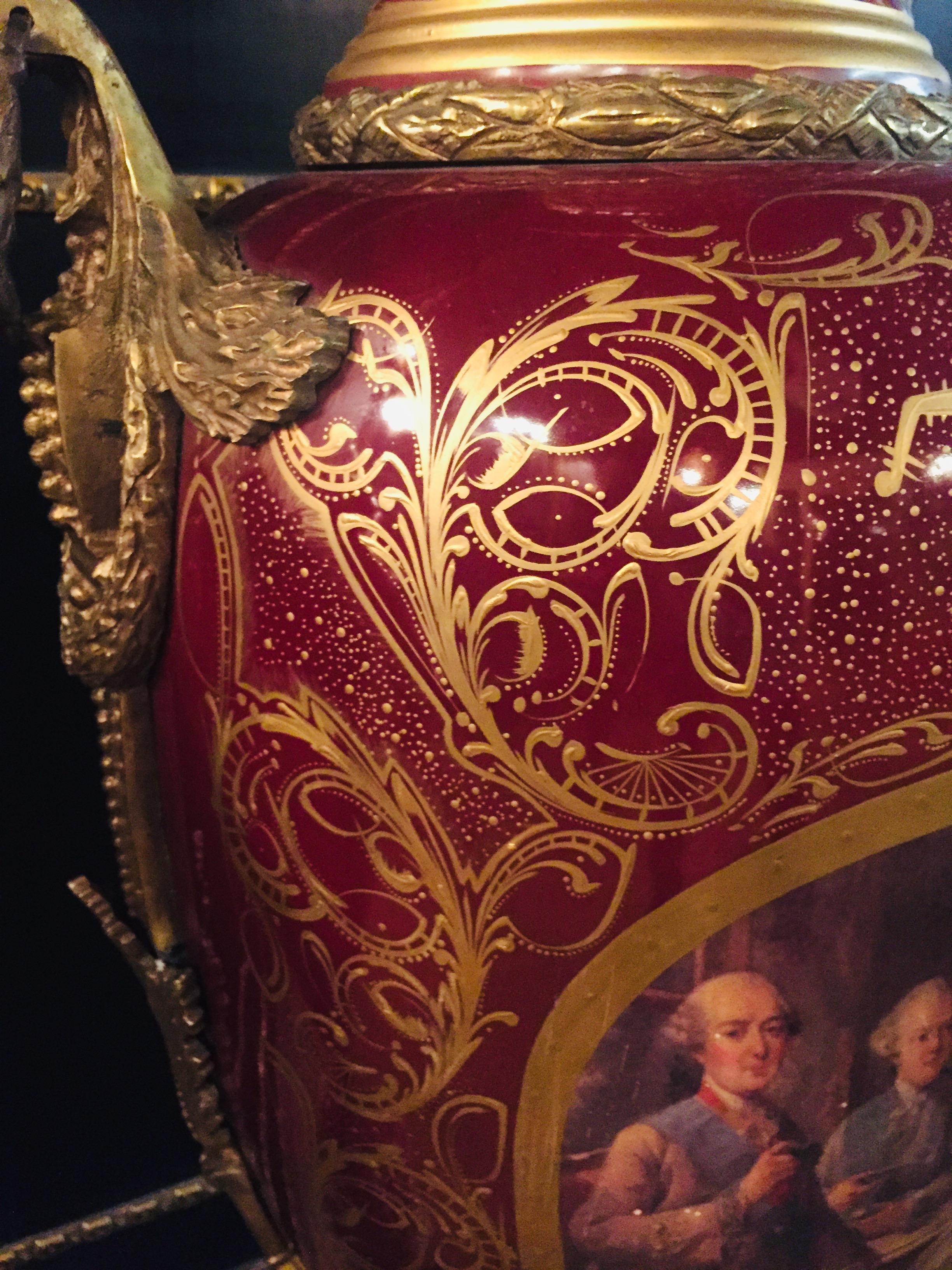 20th Century Louis XVI 2 Sevre Pompe Lidded Vases Marie Antoinette porcelain 6