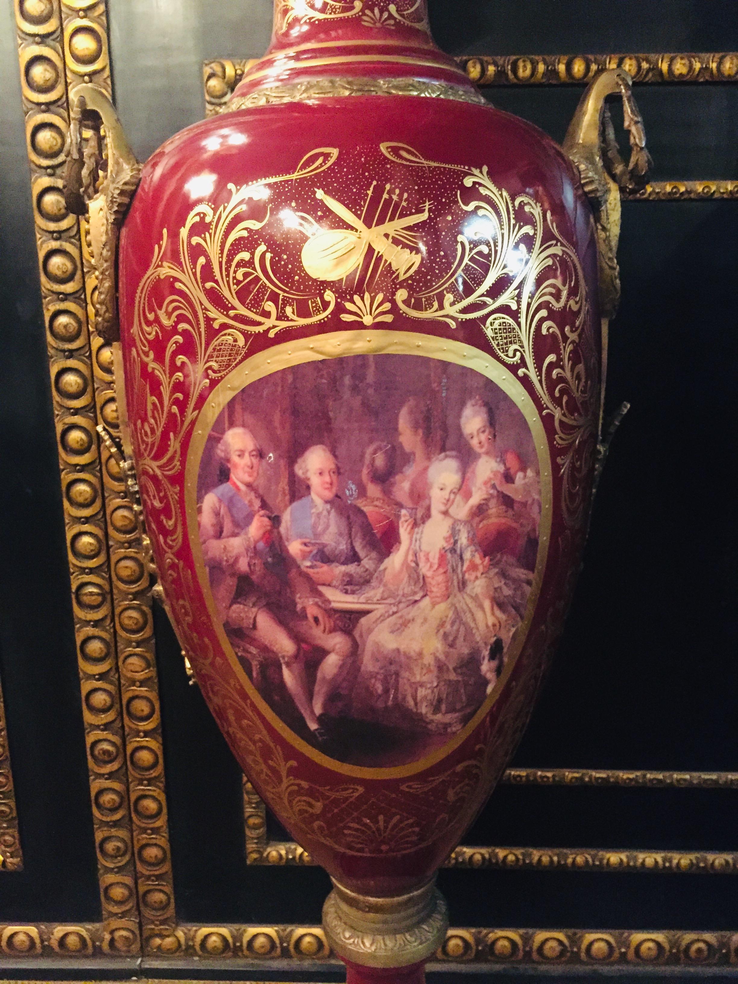 Painted 20th Century Louis XVI 2 Sevre Pompe Lidded Vases Marie Antoinette porcelain