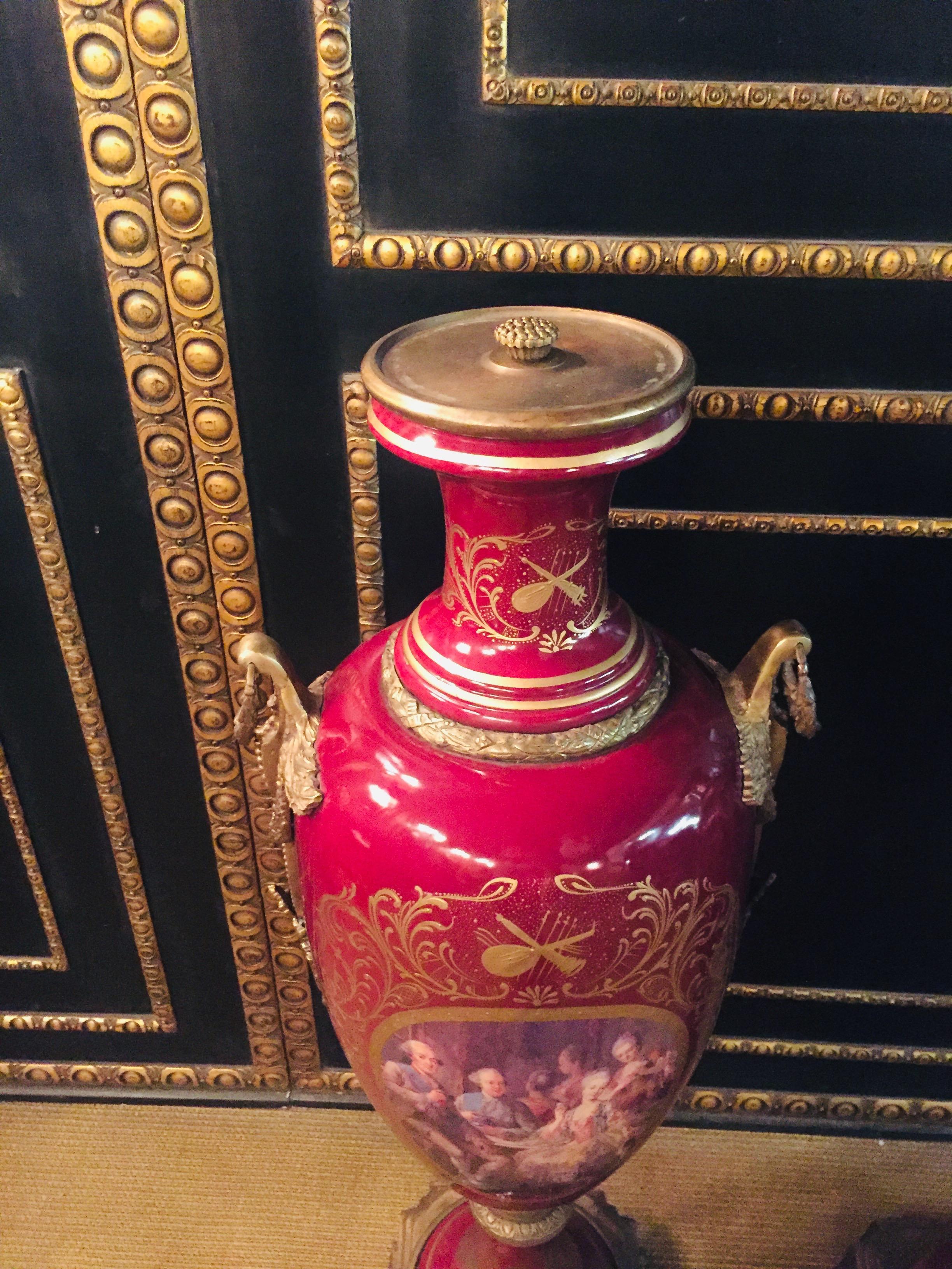 20th Century Louis XVI 2 Sevre Pompe Lidded Vases Marie Antoinette porcelain 1