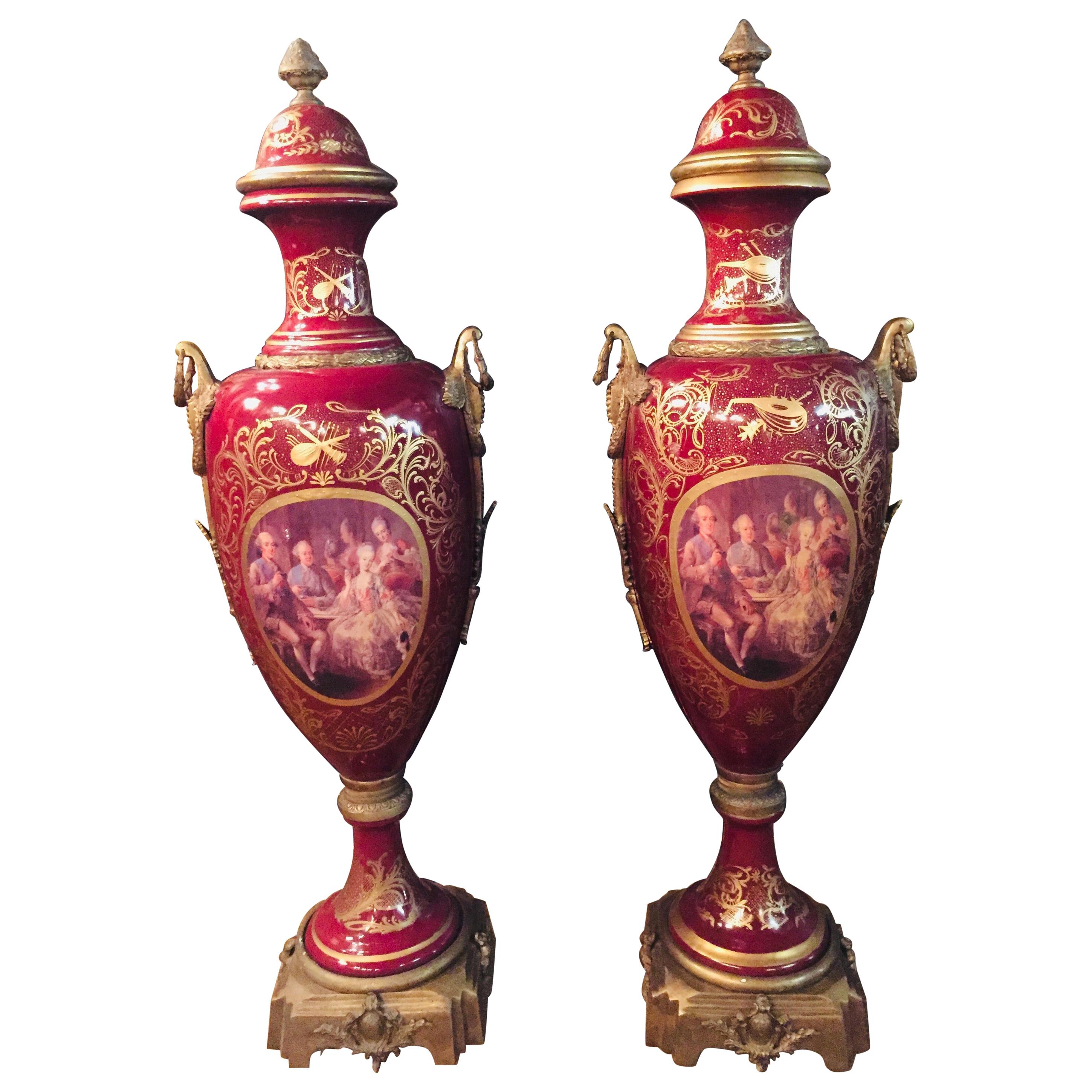 20th Century Louis XVI 2 Sevre Pompe Lidded Vases Marie Antoinette porcelain