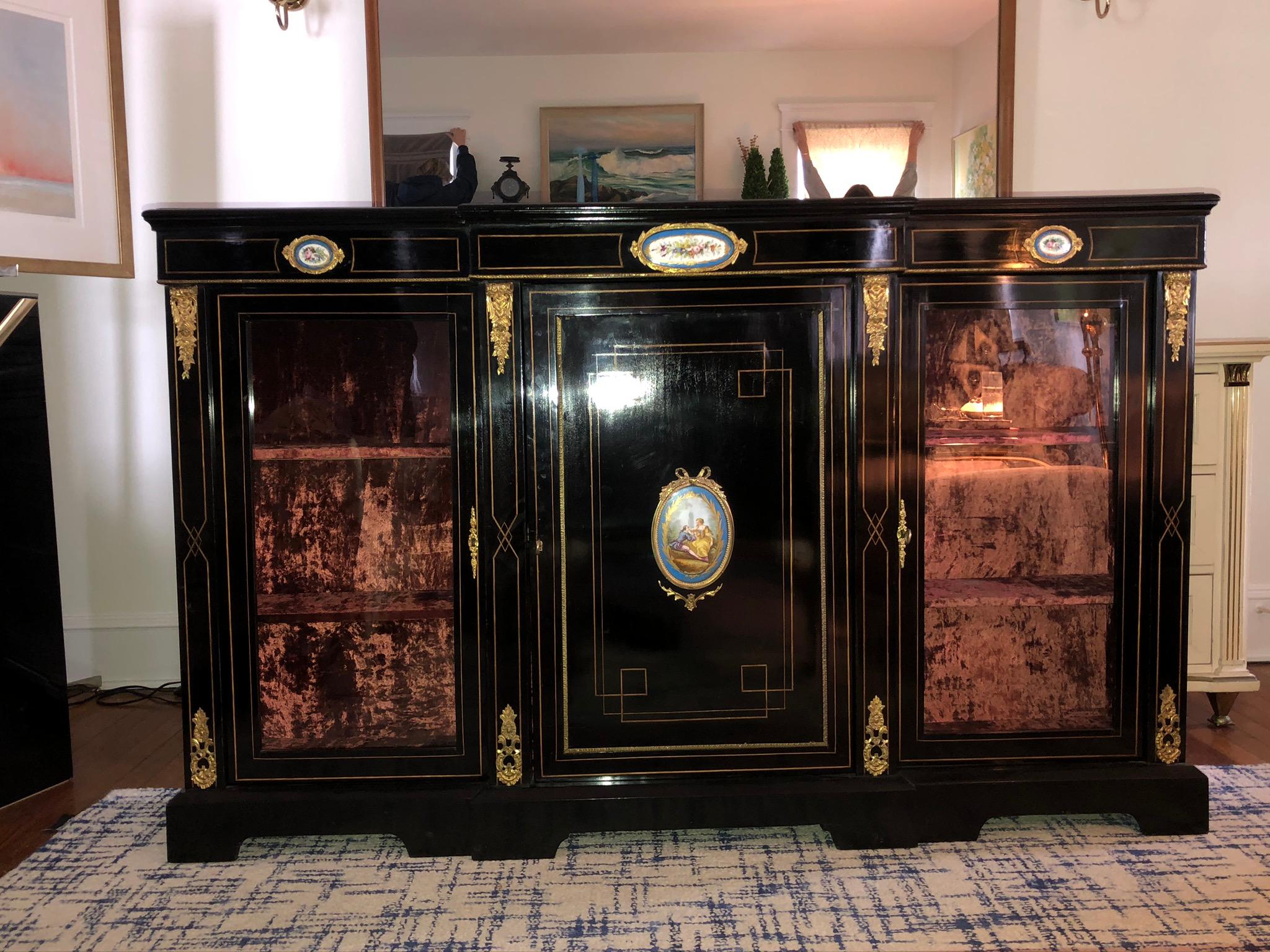 20th Century Louis XVI Neoclassical Lacquered Bookcase Display Ormolu and Enamel 10