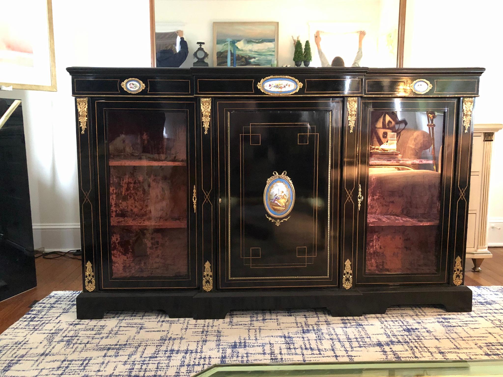 20th Century Louis XVI Neoclassical Lacquered Bookcase Display Ormolu and Enamel For Sale 11