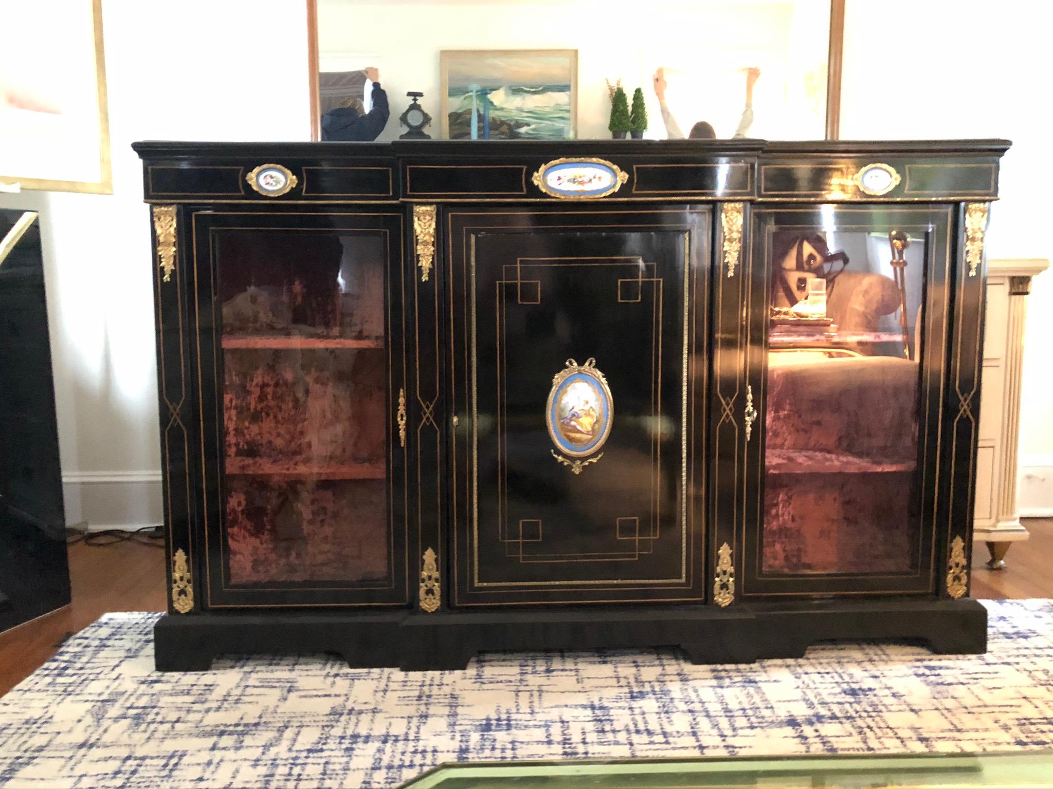 20th Century Louis XVI Neoclassical Lacquered Bookcase Display Ormolu and Enamel 12