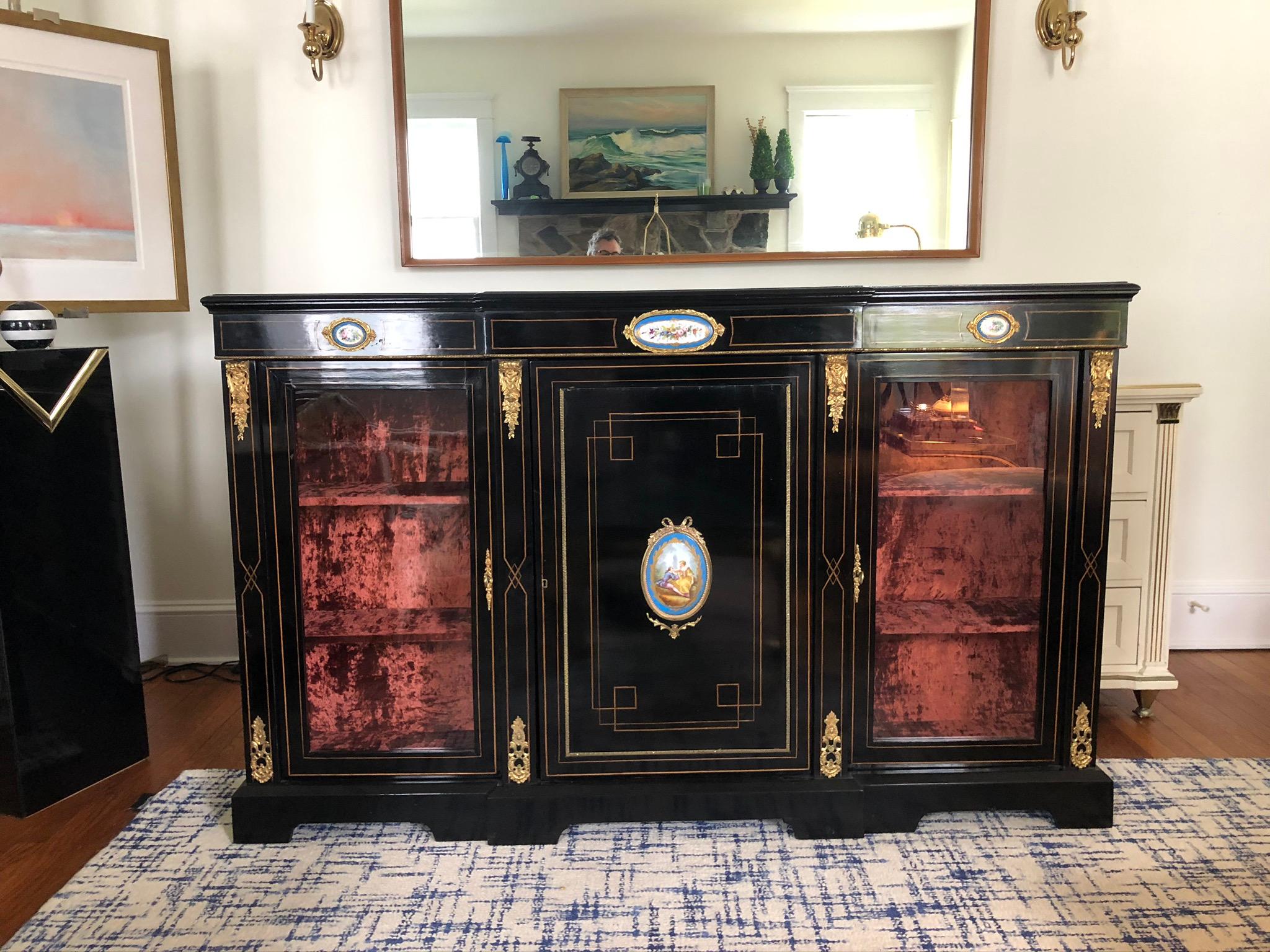 Italian 20th Century Louis XVI Neoclassical Lacquered Bookcase Display Ormolu and Enamel For Sale