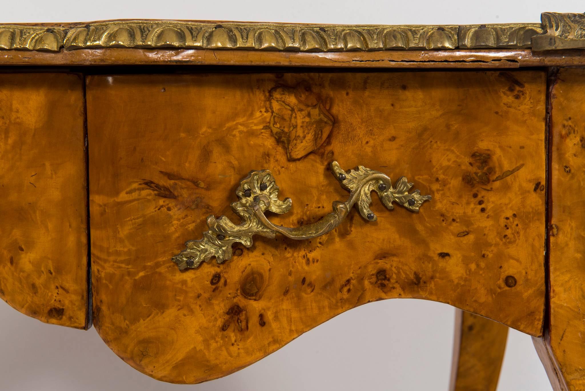 Brass 20th Century Louis XVI Style Burl Wood Bureau Plat