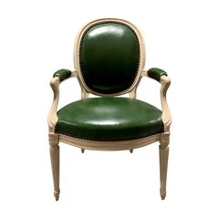 20th Century Louis XVI Style Chair with Green Leather, Possibly Deangelis