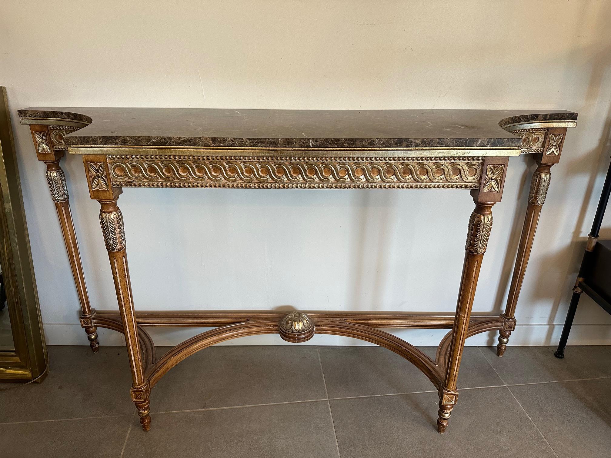 French 20th century Louis XVI style Marble and Gilded Wood Console Table, 1950s For Sale
