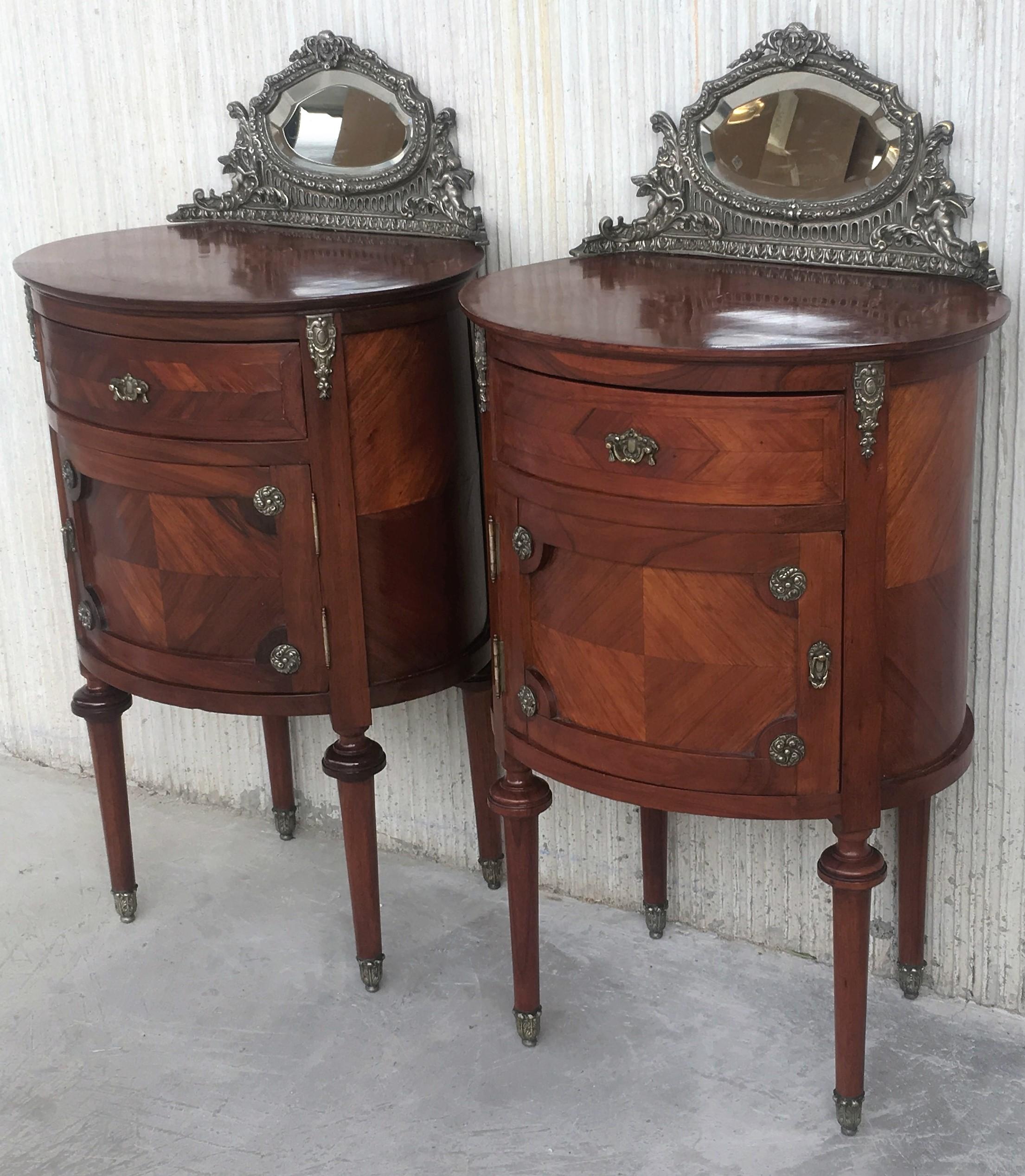 French 20th Century Louis XVI Style Marquetry Nightstands with Metal and Mirror Crest