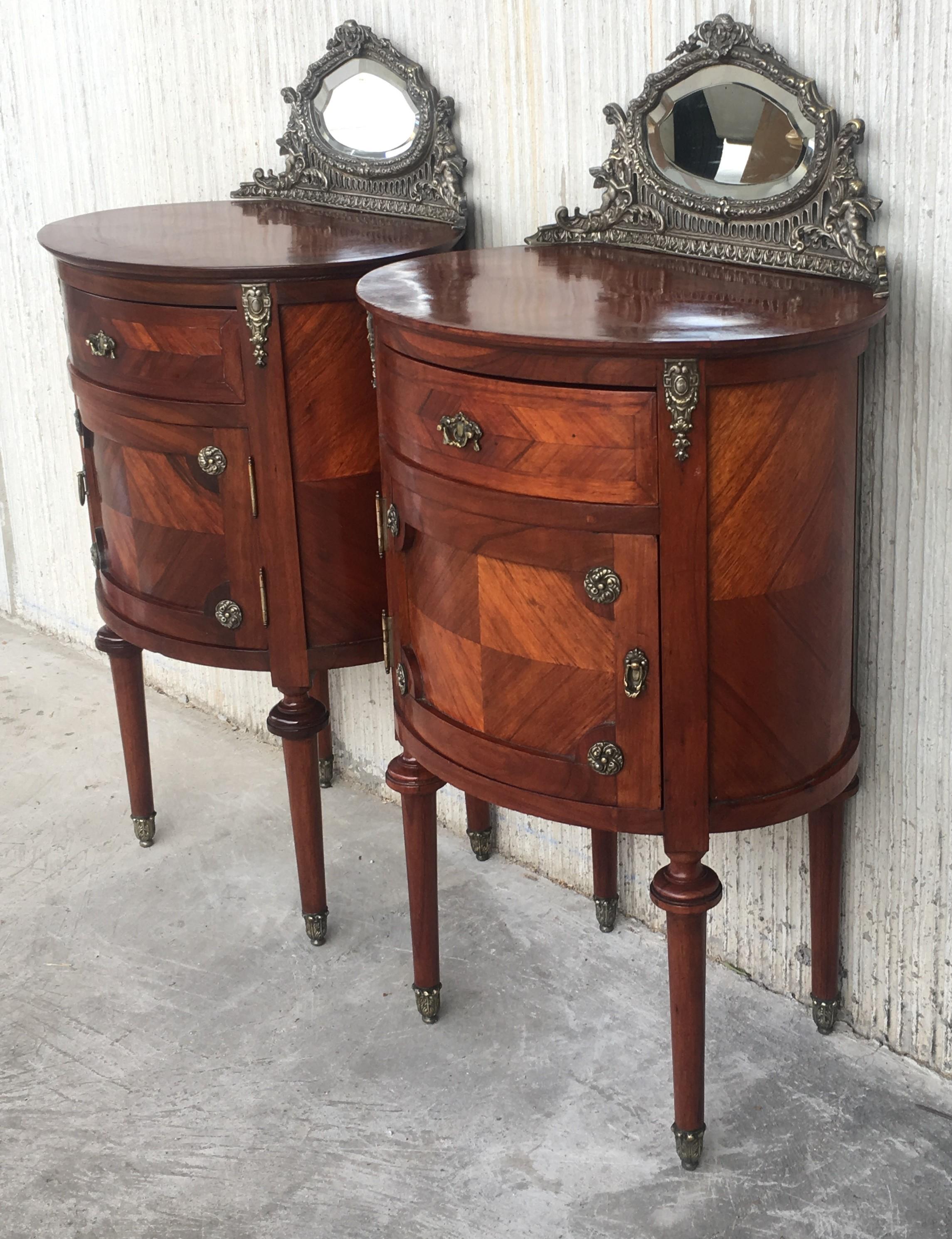 Inlay 20th Century Louis XVI Style Marquetry Nightstands with Metal and Mirror Crest