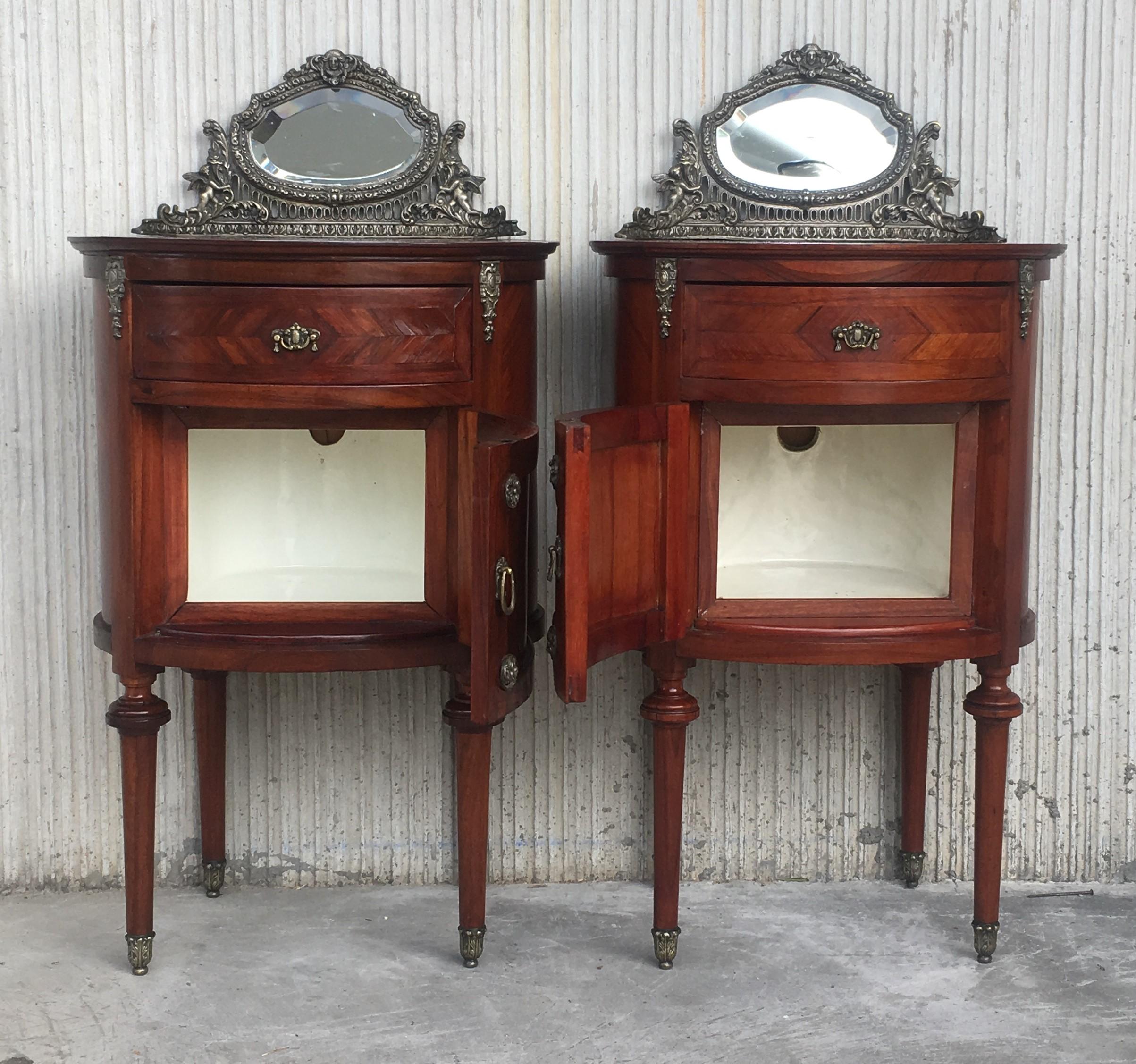 19th Century 20th Century Louis XVI Style Marquetry Nightstands with Metal and Mirror Crest