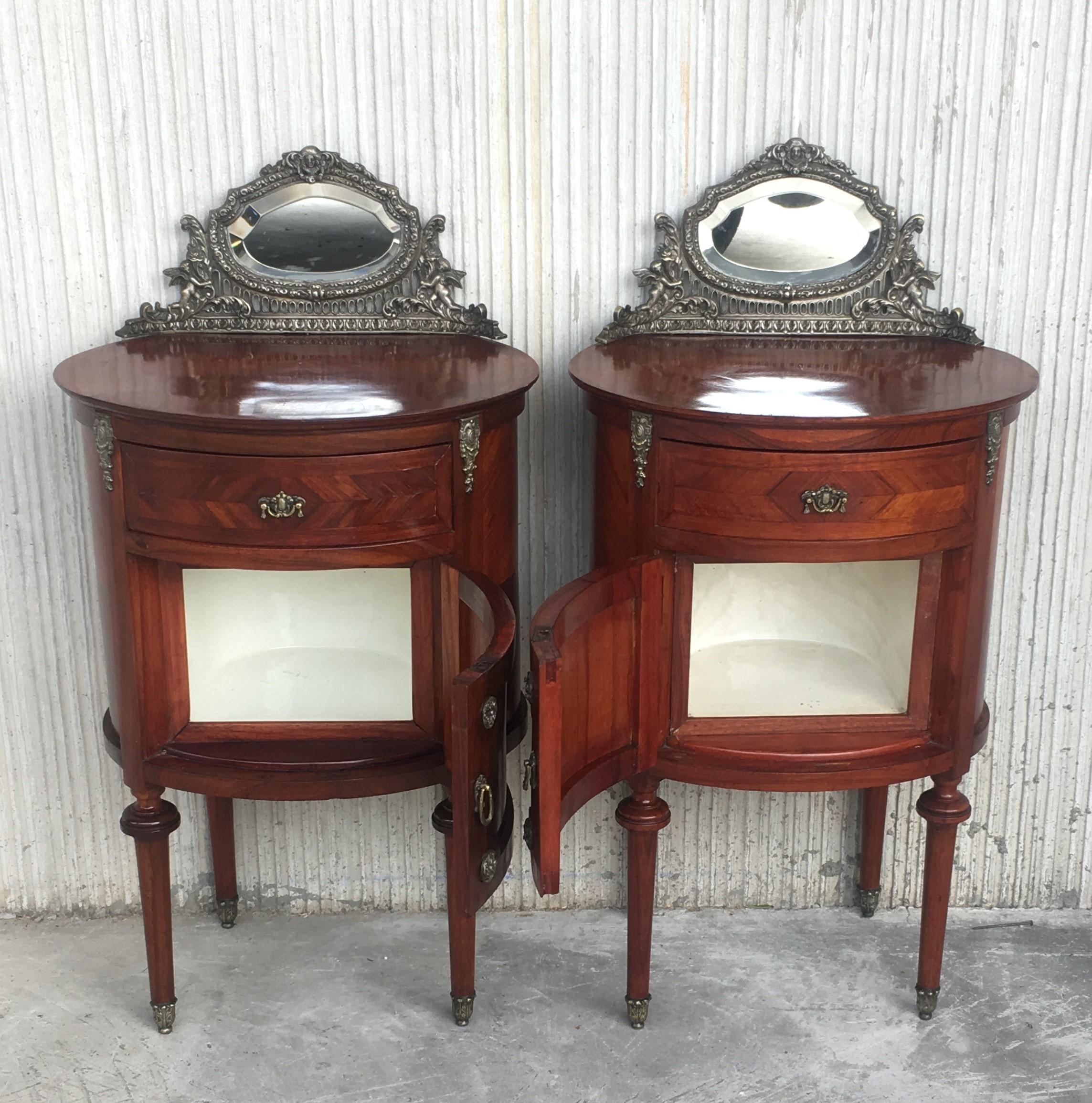 20th Century Louis XVI Style Marquetry Nightstands with Metal and Mirror Crest 1