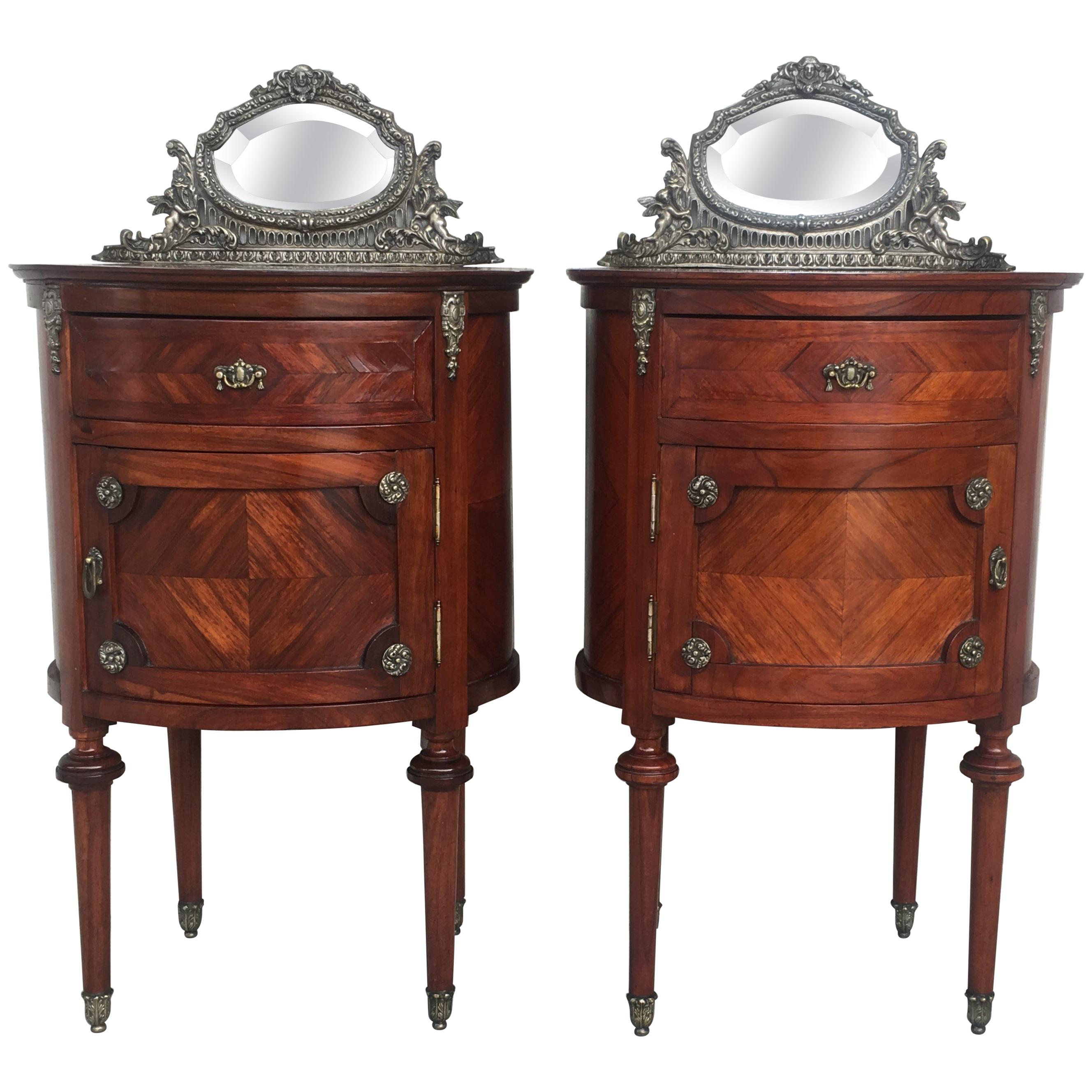 20th Century Louis XVI Style Marquetry Nightstands with Metal and Mirror Crest