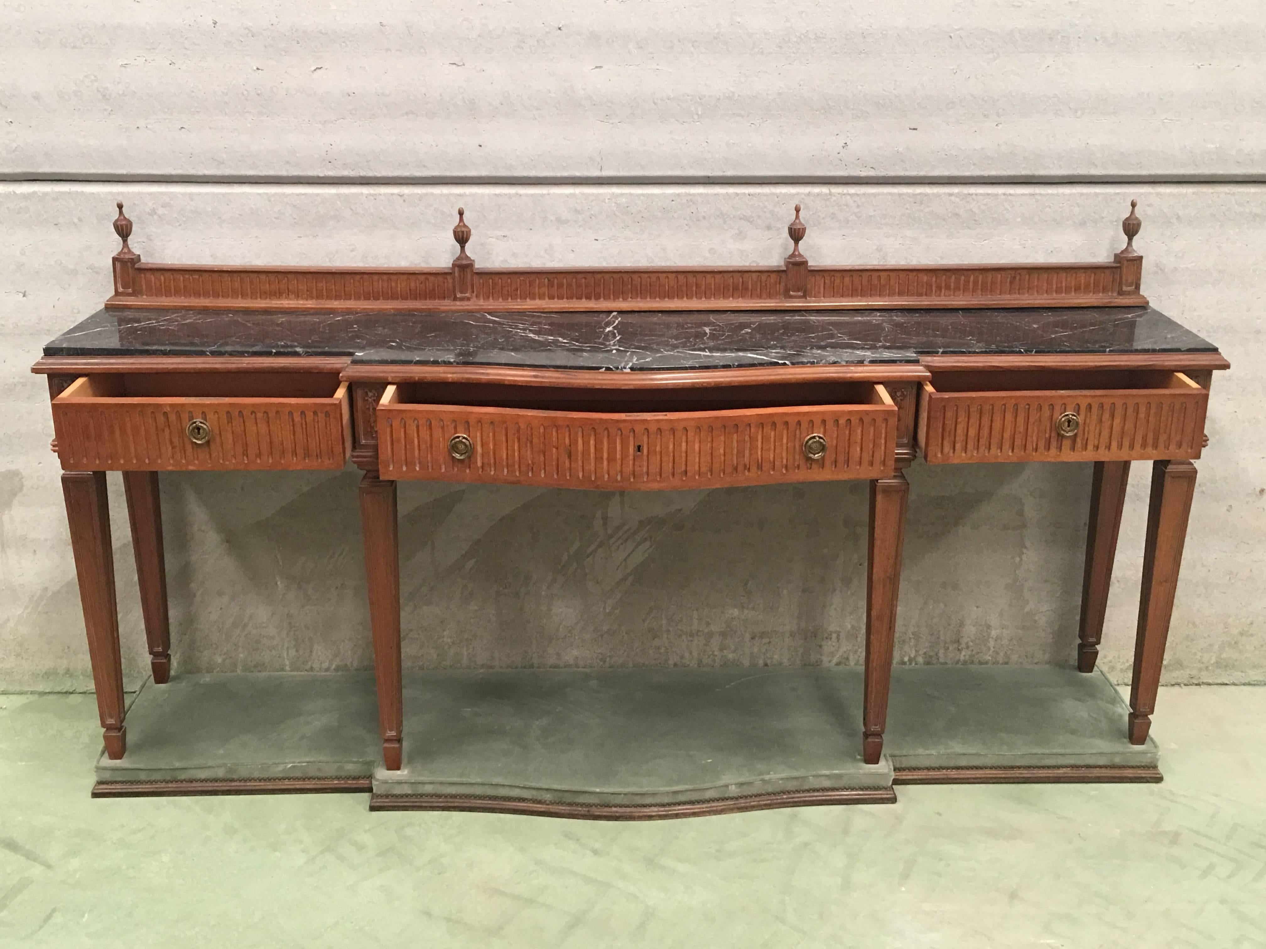 Walnut 20th century Louis XVI Style Neoclassical Console Table with Three Drawers For Sale