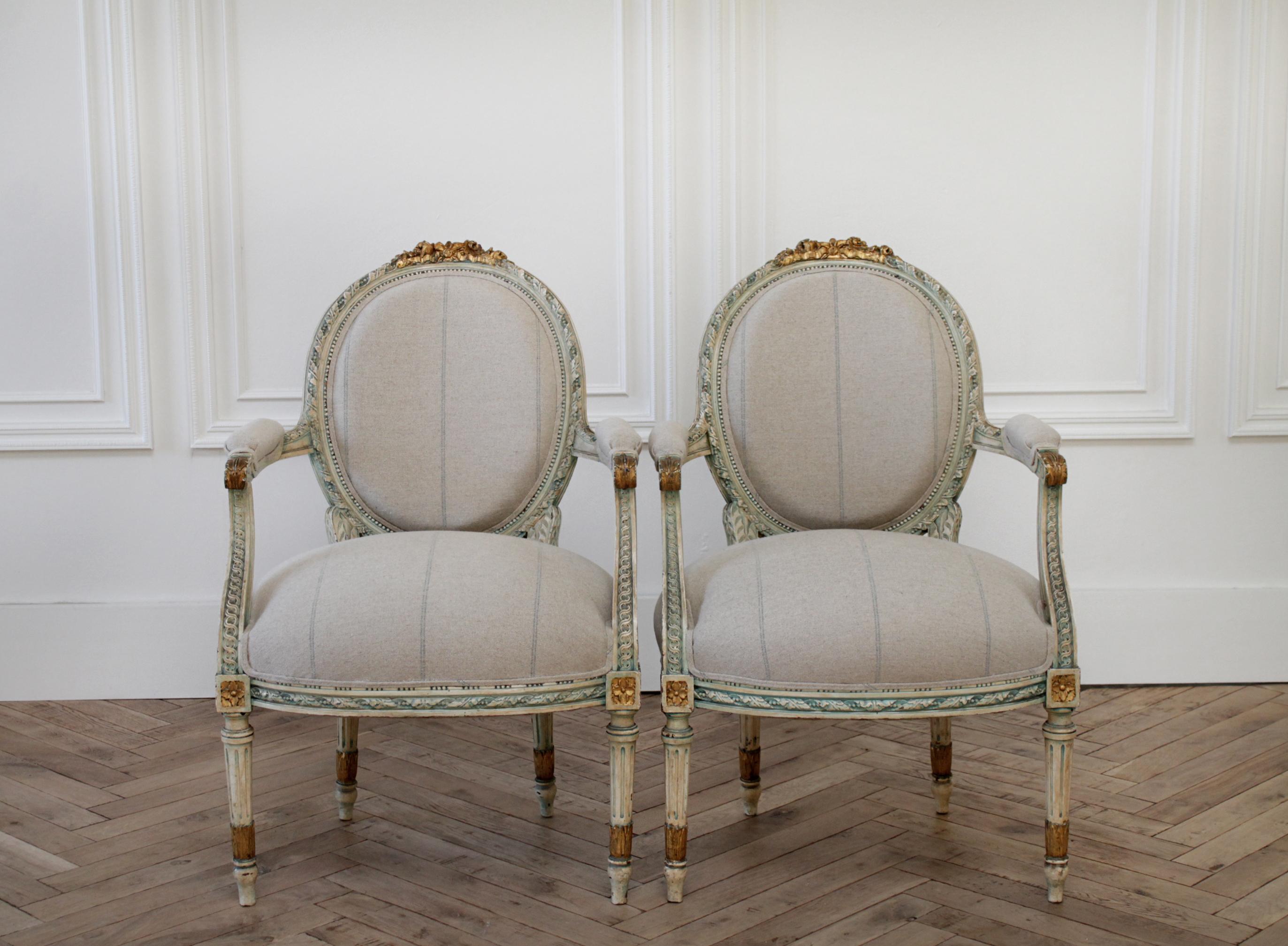 20th Century Louis XVI Style Original Painted Fauteuils in Linen In Good Condition In Brea, CA