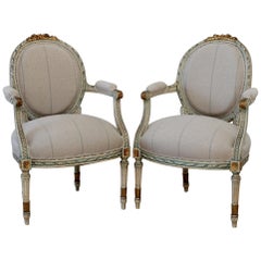 Vintage 20th Century Louis XVI Style Original Painted Fauteuils in Linen