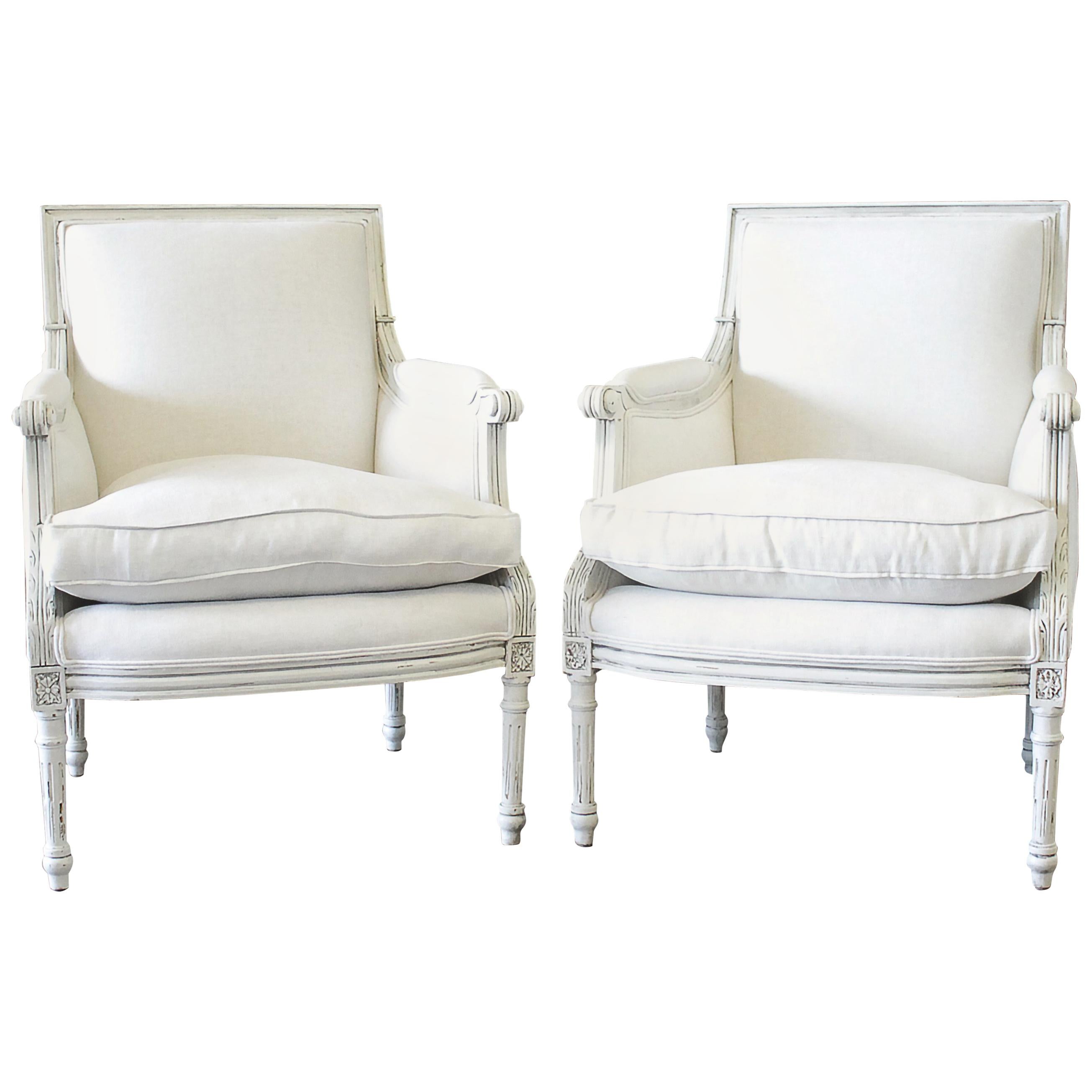 20th Century Louis XVI Style Painted Bergère Chairs in Natural Linen