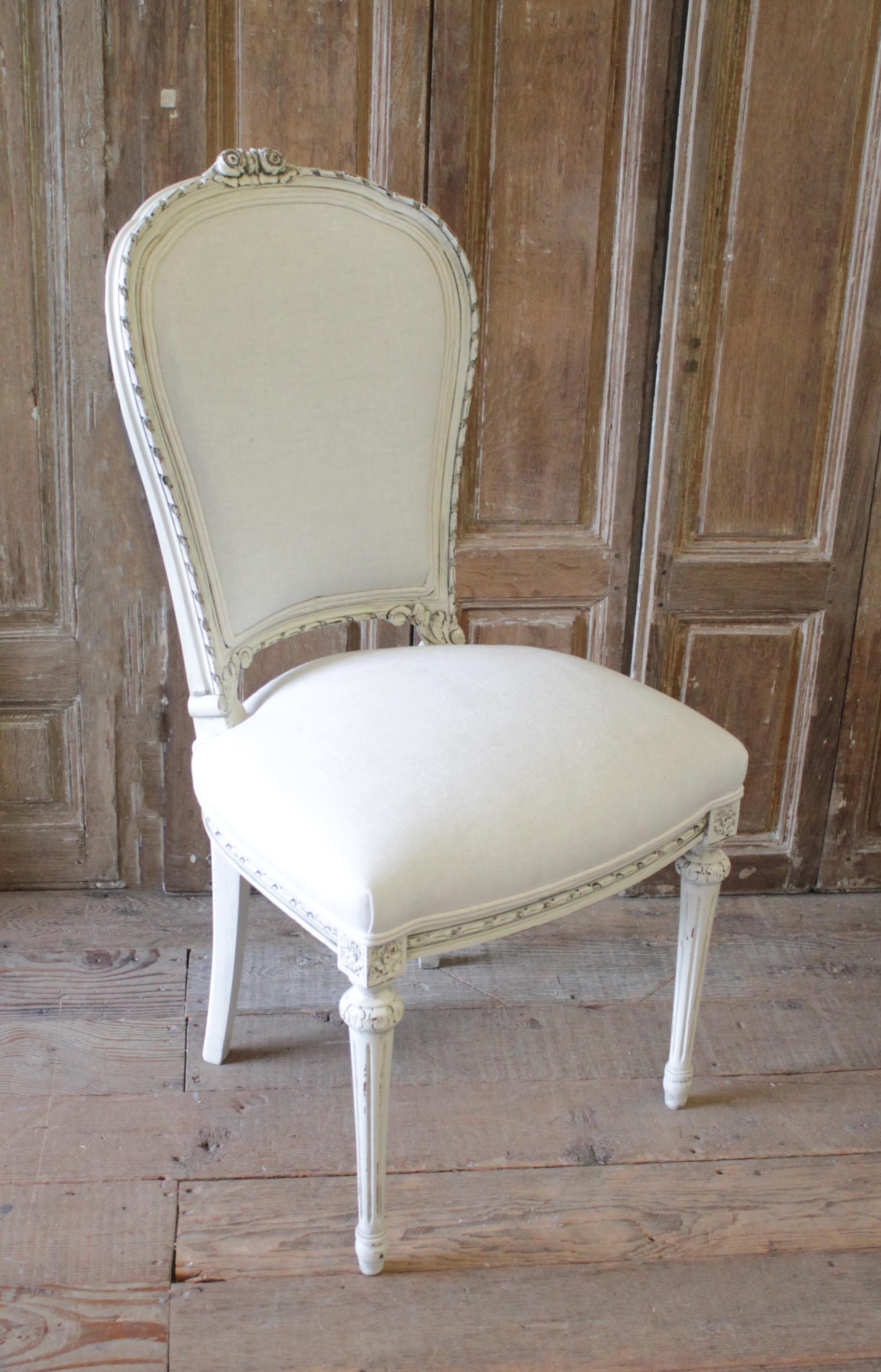 20th Century Louis XVI Style Painted Dining Chairs with Linen Upholstery 5