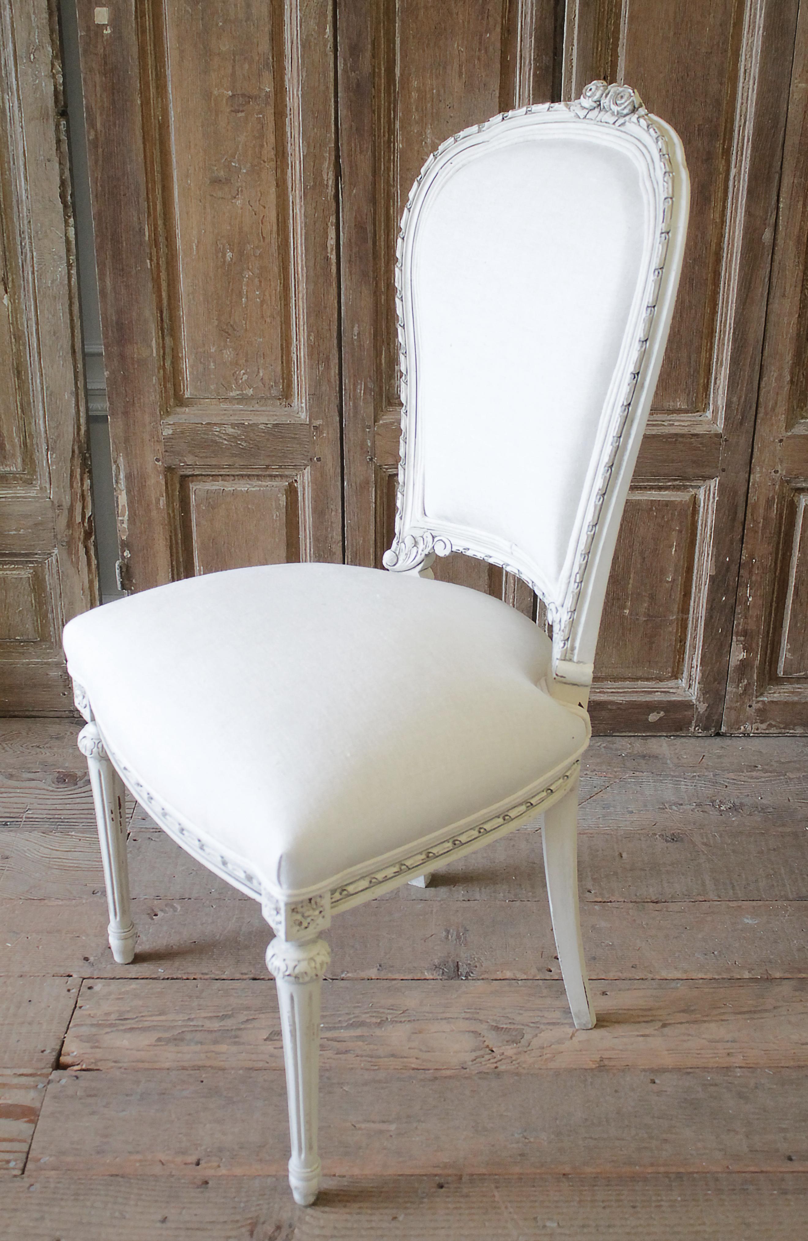 20th Century Louis XVI Style Painted Dining Chairs with Linen Upholstery 6