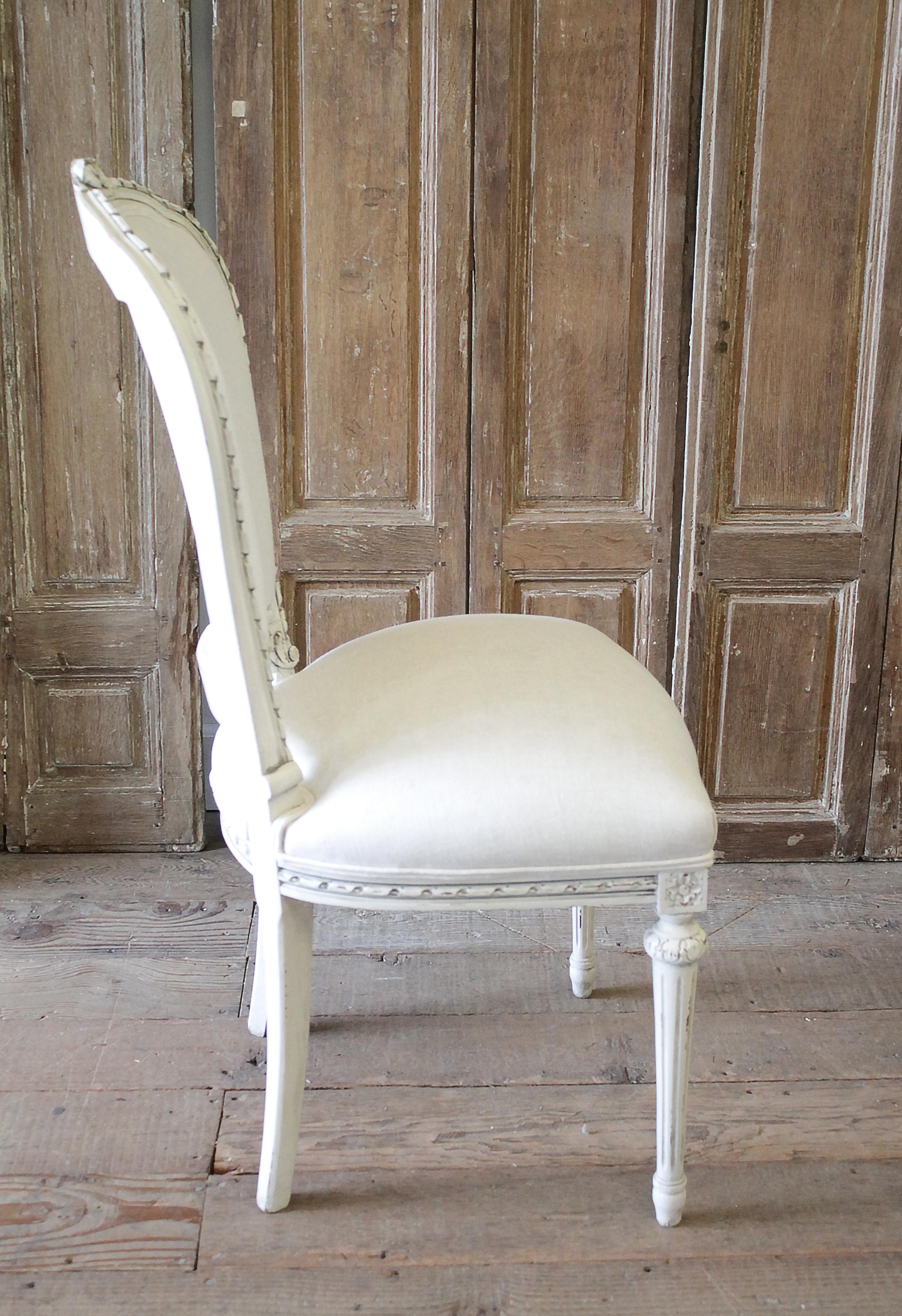 20th Century Louis XVI Style Painted Dining Chairs with Linen Upholstery 4