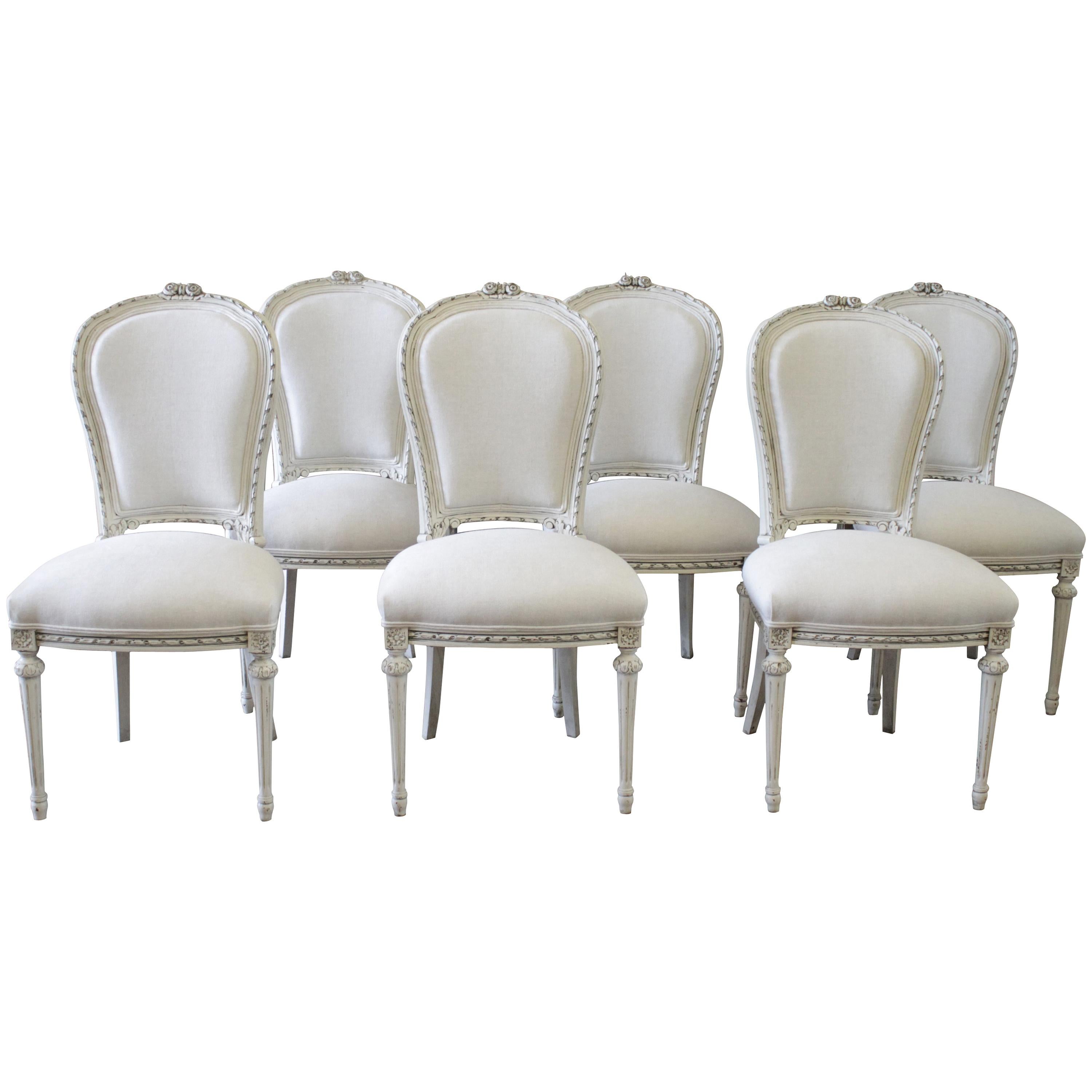 20th Century Louis XVI Style Painted Dining Chairs with Linen Upholstery