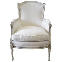 20th Century Louis XVI Style Painted French Bergere Chair in Natural Linen