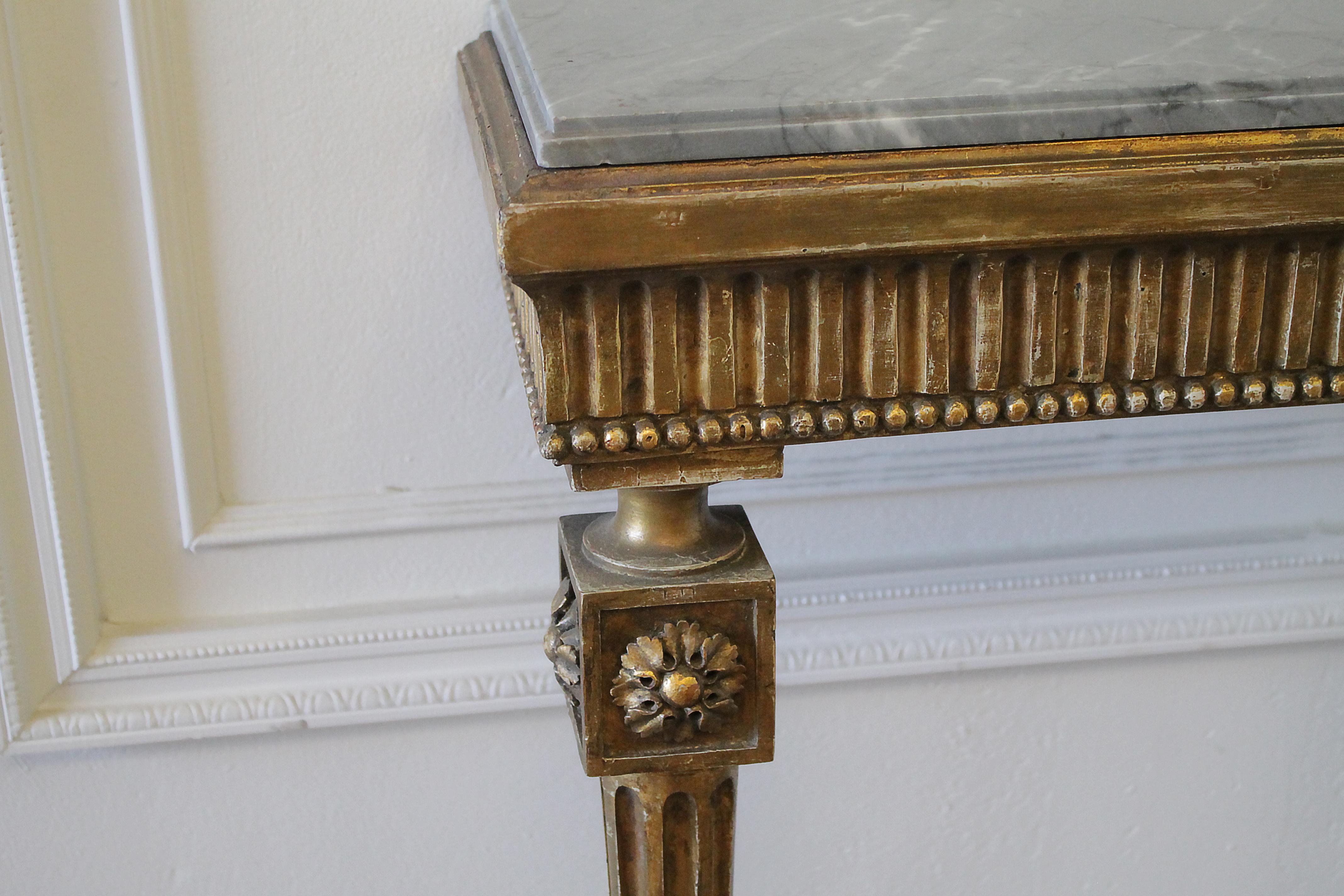 20th Century Louis XVI Style Petite Giltwood Wall Console Table with Stone Top In Good Condition In Brea, CA