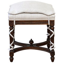 Vintage 20th Century Louis XVI Style Vanity Bench with Linen Ruffle Slip Cover