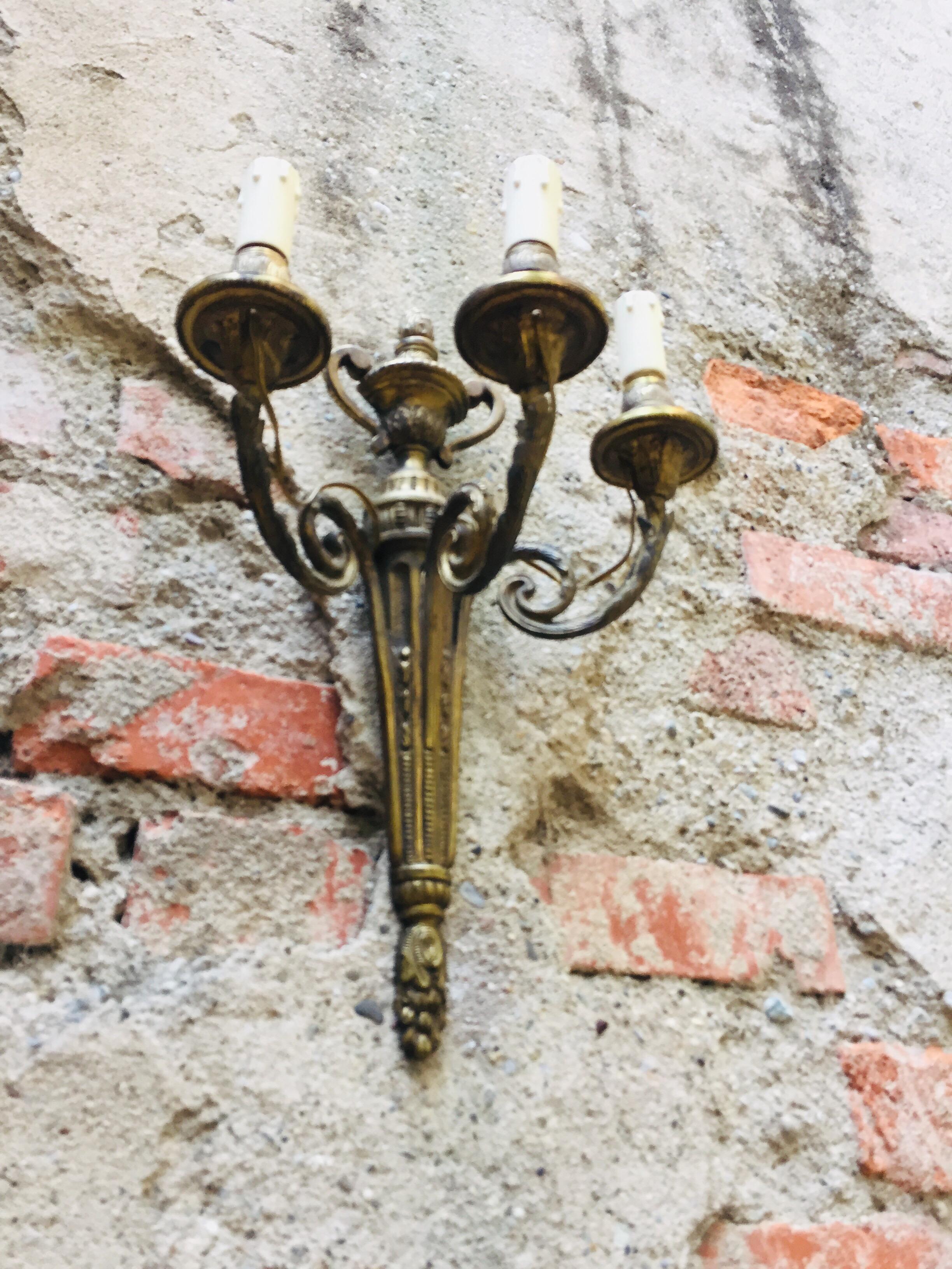 20th Century Louis XVI Wall Sconces Set of Three Italian Bronze Wall Lights 1