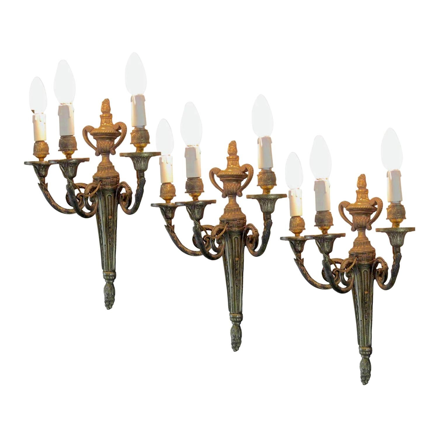 20th Century Louis XVI Wall Sconces Set of Three Italian Bronze Wall Lights