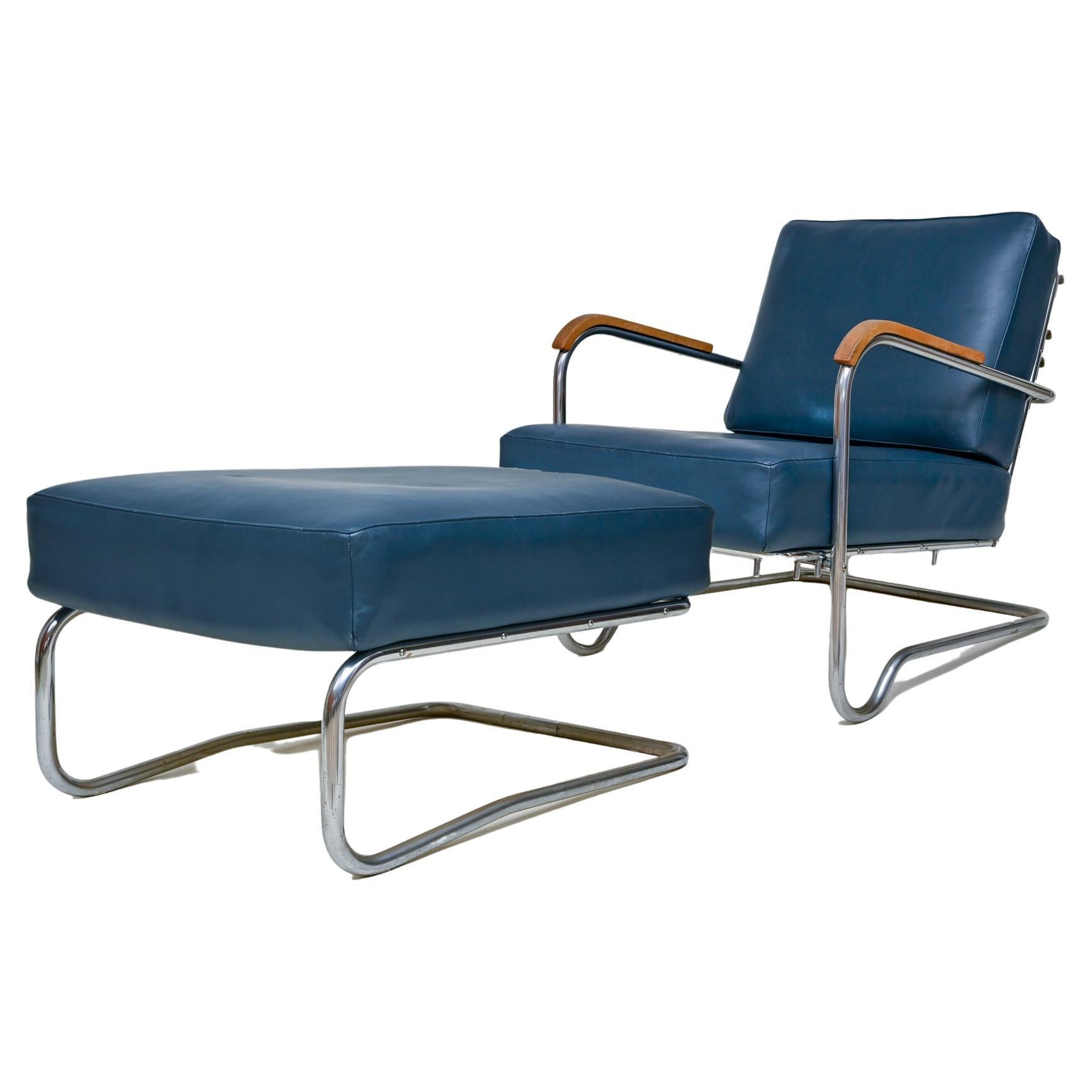 20th Century Lounge Chair with Foot Stool Steel Furniture German Desta Berlin