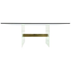20th Century Lucite and Gilt Brass Base Glass Top Dining Table