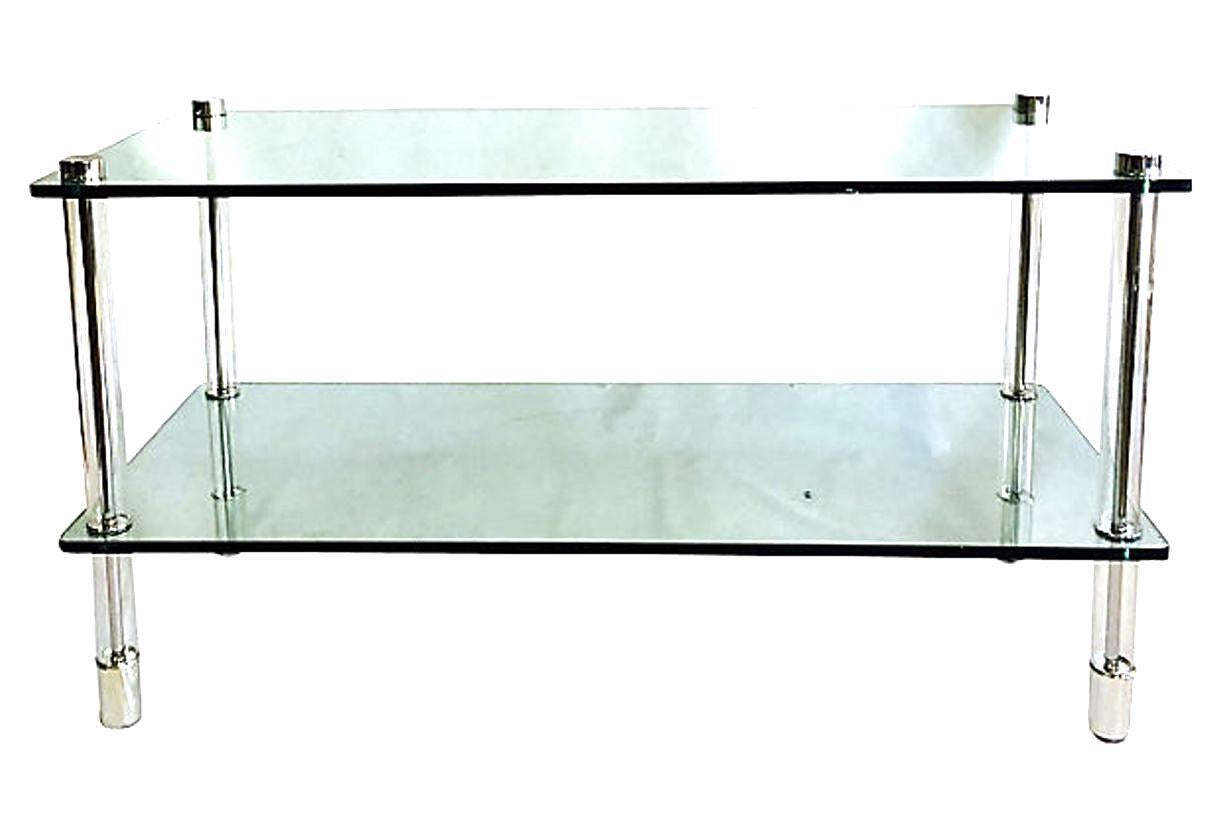 1970'S Polished Chrome & Tubular Lucite Two-Tier Glass Top Table In The Style Of Charles Hollis Jones. This finely crafted 