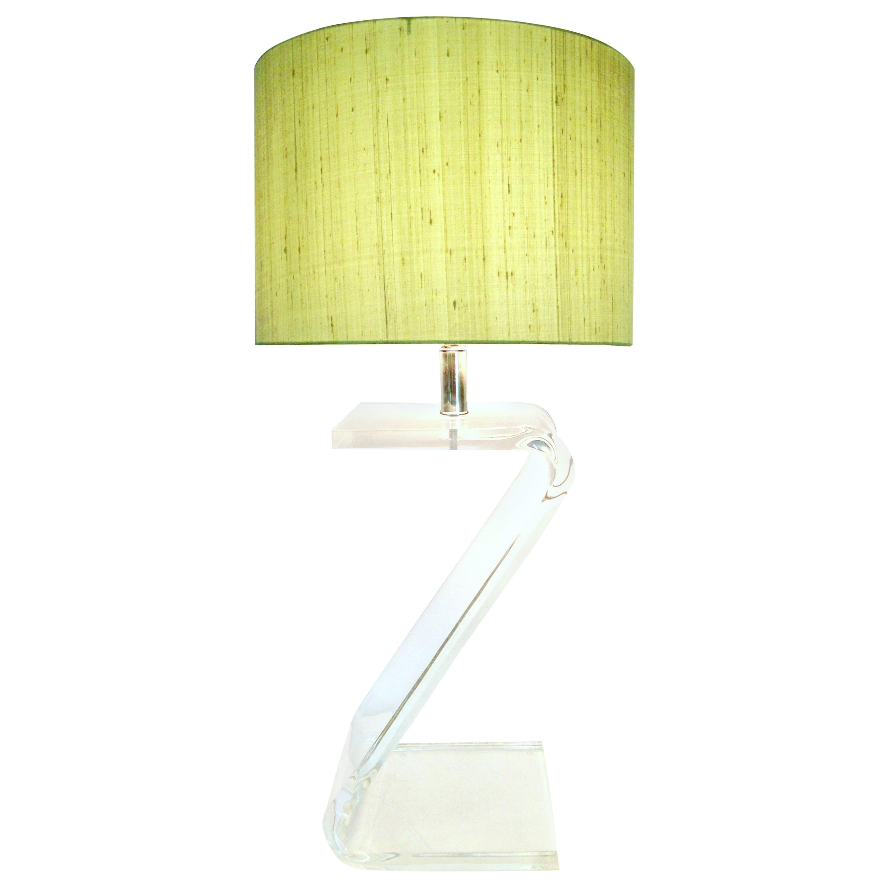 20th Century Lucite Slab "Z" and Chrome Side Table Lamp For Sale