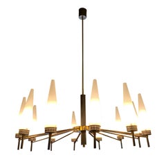 20th Century Italian Modern Twelve Arm Brass, Opaline Glass Chandelier