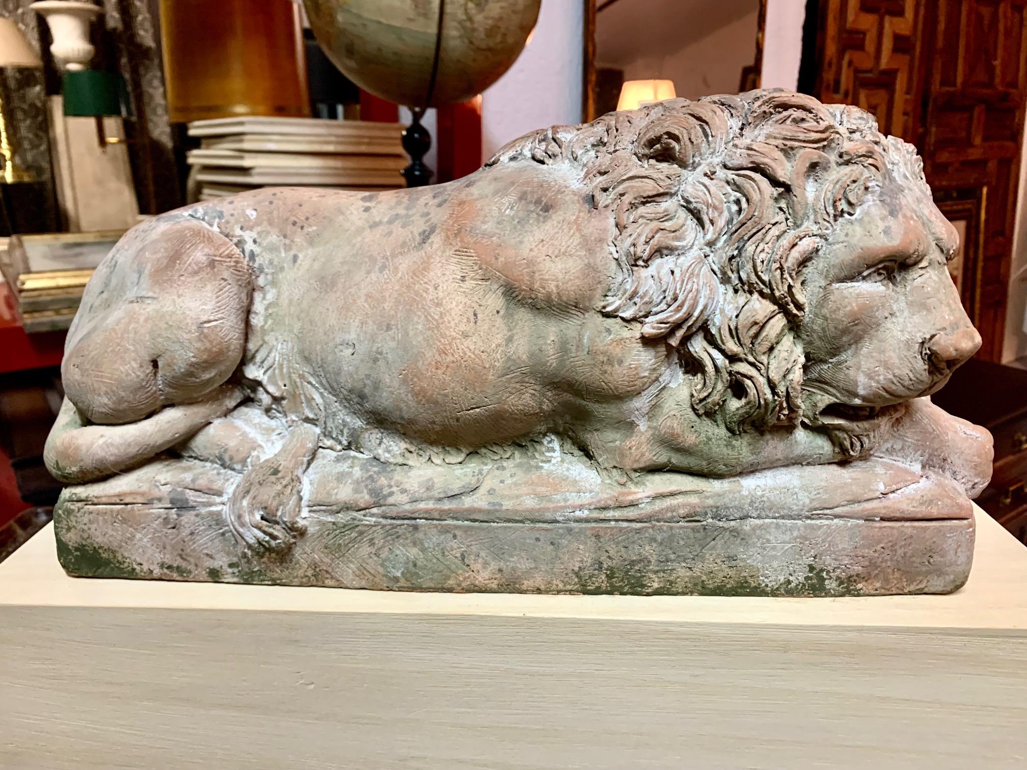 Neoclassical Revival 20th Century Lyngl Lion Sculpture in Terracotta For Sale