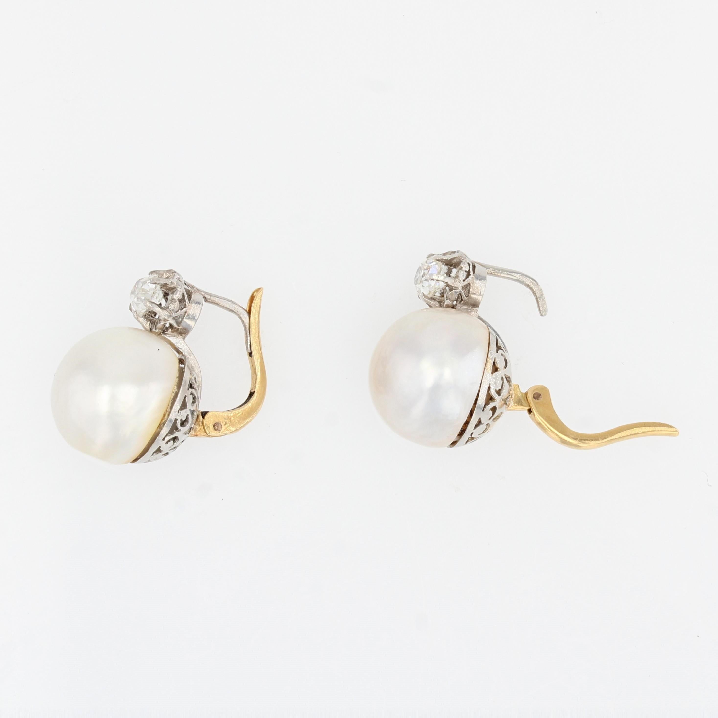Perle 20me sicle, Pendants d'oreilles en or jaune blanc 18 carats, perles Mab et diamants en vente