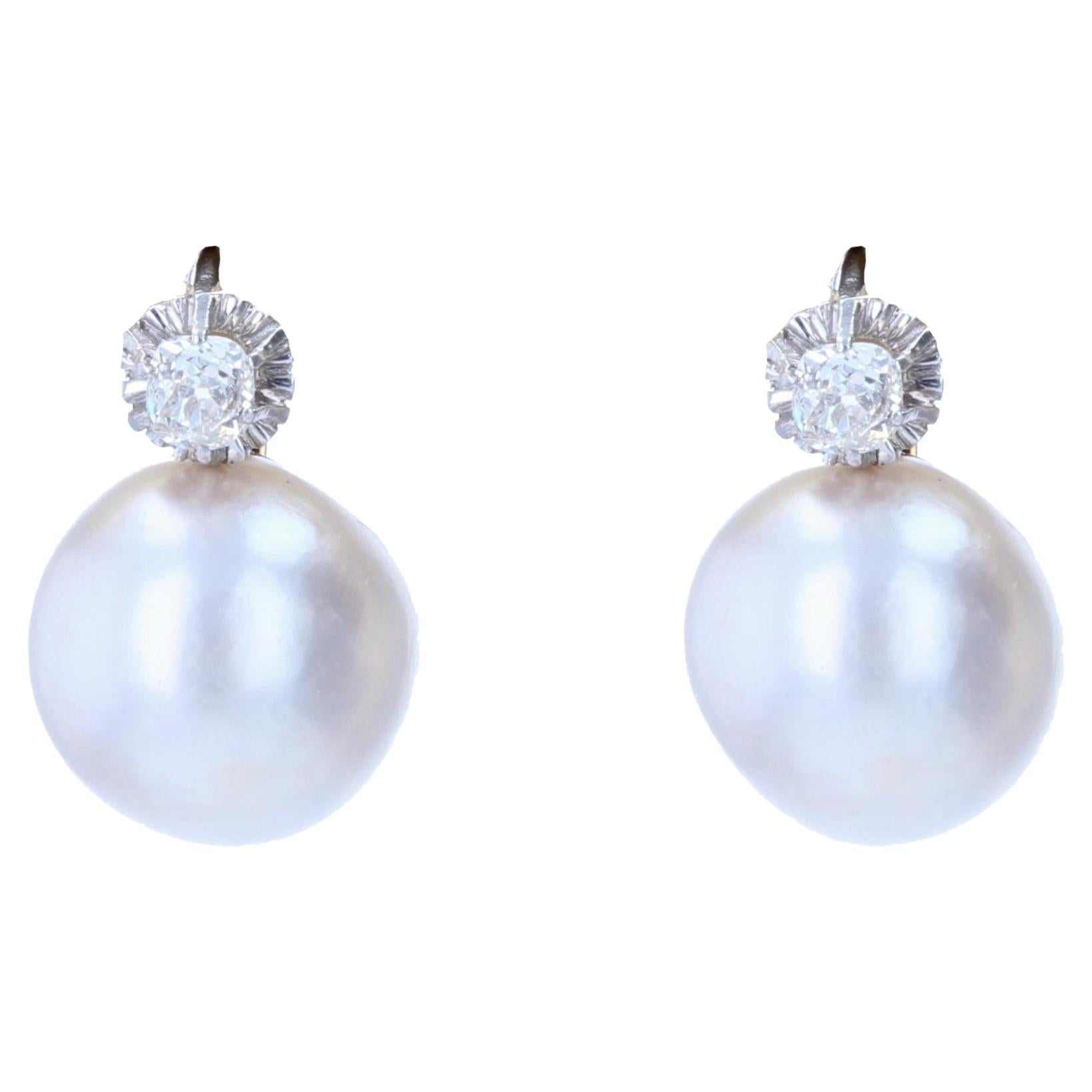 Vintage 6 Carat Diamond Cultured Pearl Drop Earrings White Gold 20th ...