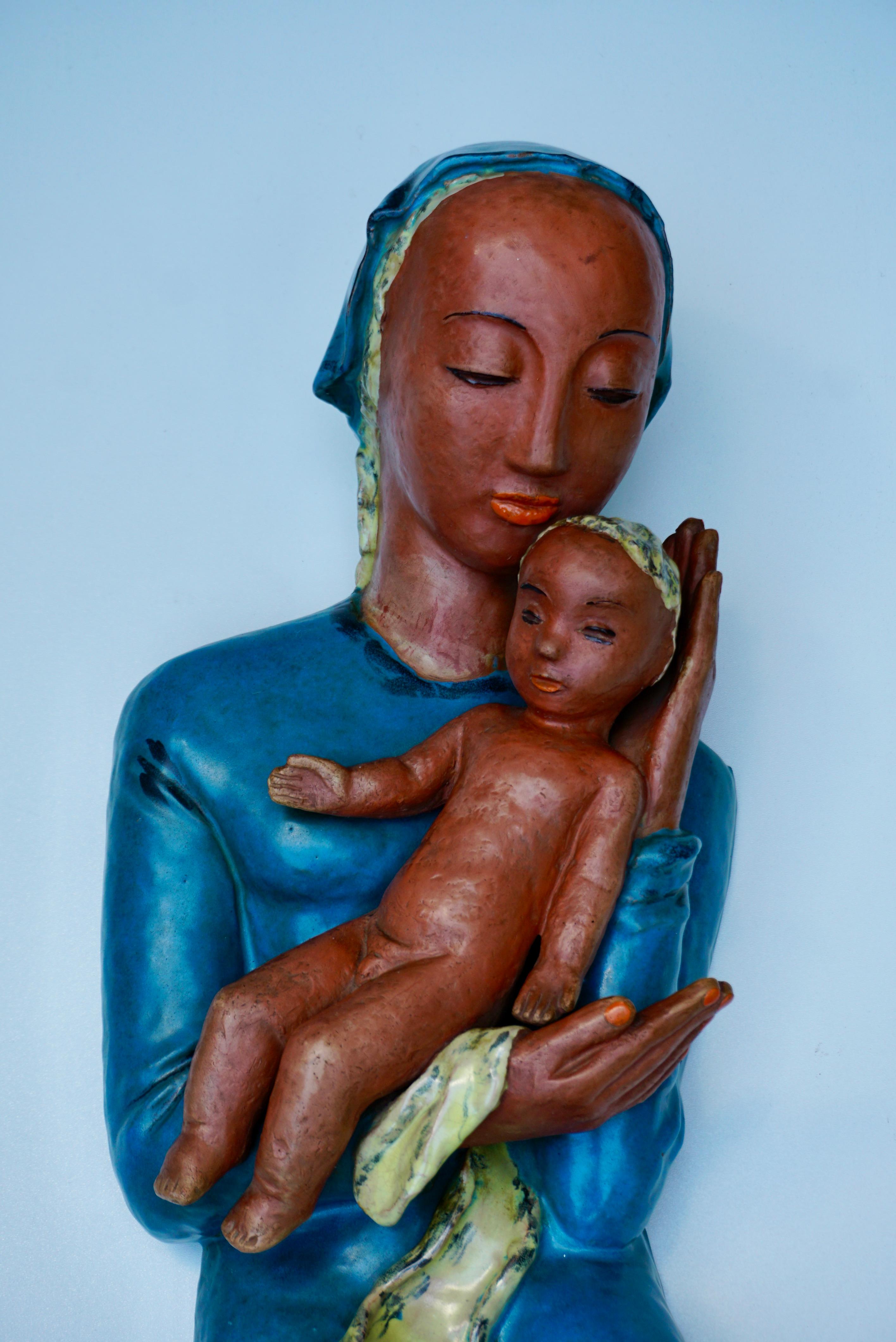 Hand-Crafted 20th Century Madonna with Child Terracotta For Sale