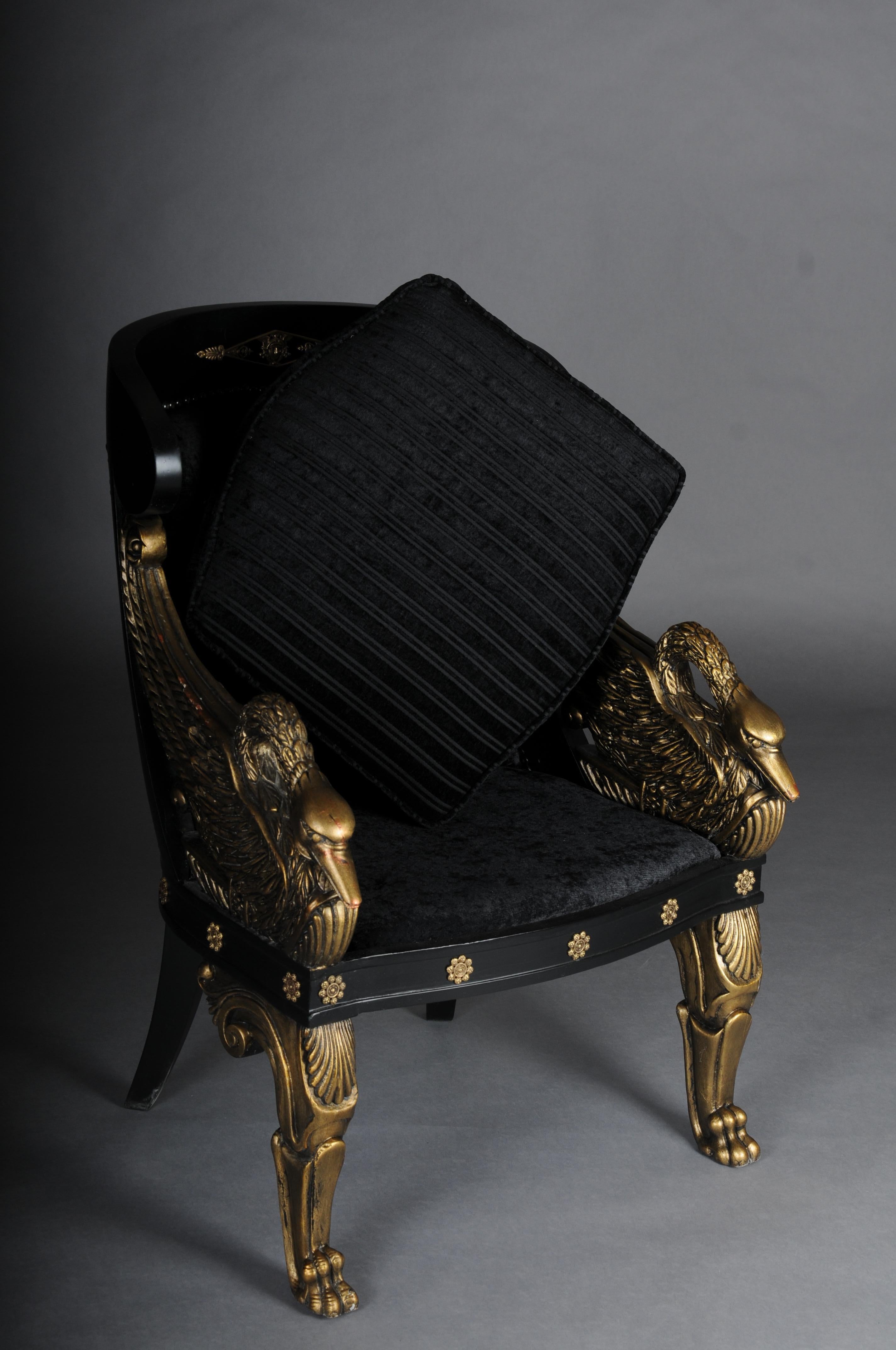 Francese Magnifica sedia/bergere impero del 20° secolo, nera e dorata in vendita