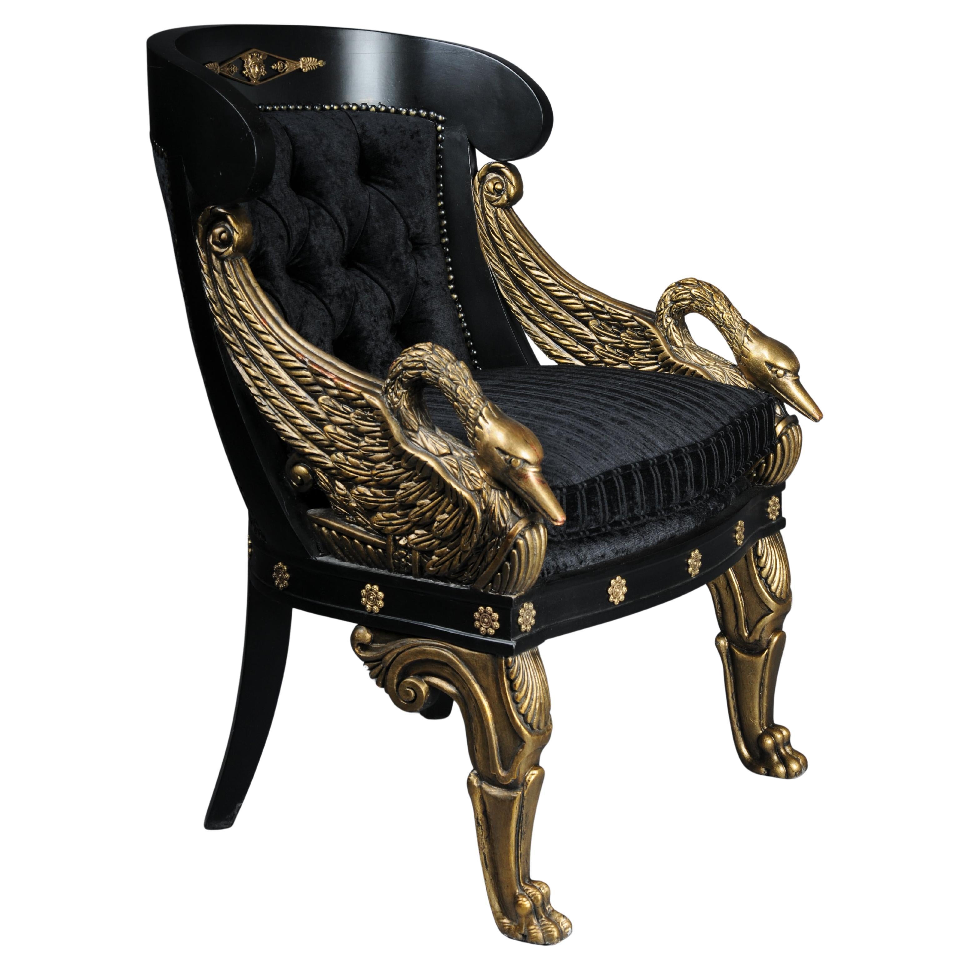 Siglo XX Magnífica Silla/Bergere Cisne Imperio, Negra y Dorada