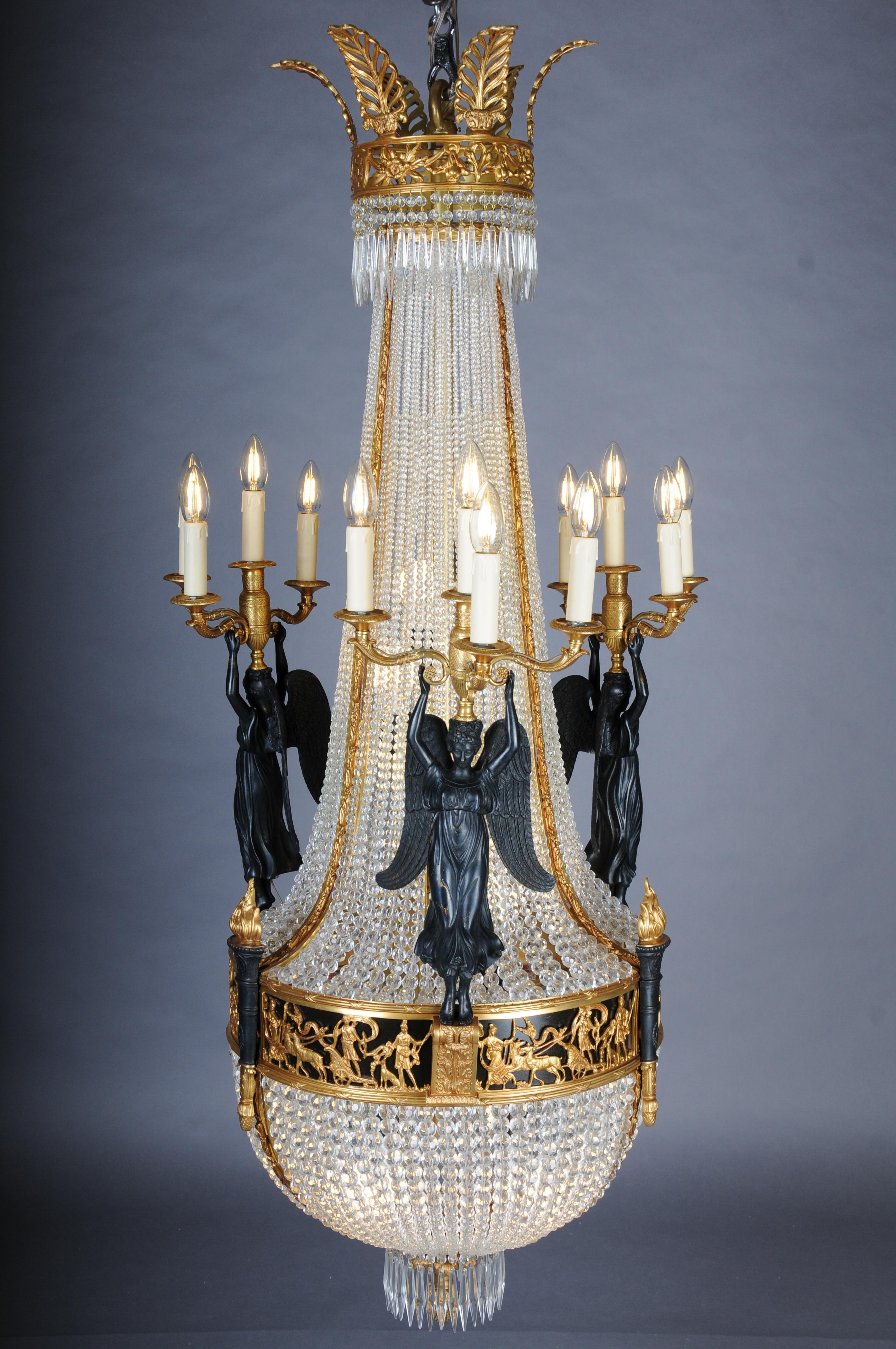 20th Century Magnificent Empire Victoria Chandelier a. P.P. Thomire #2

Exceptionally beautiful, engraved and cast bronze. Basket-shaped body made of hand-cut French spherical prisms (over 3,600 pieces). Connected by a broad, ornamentally carved and