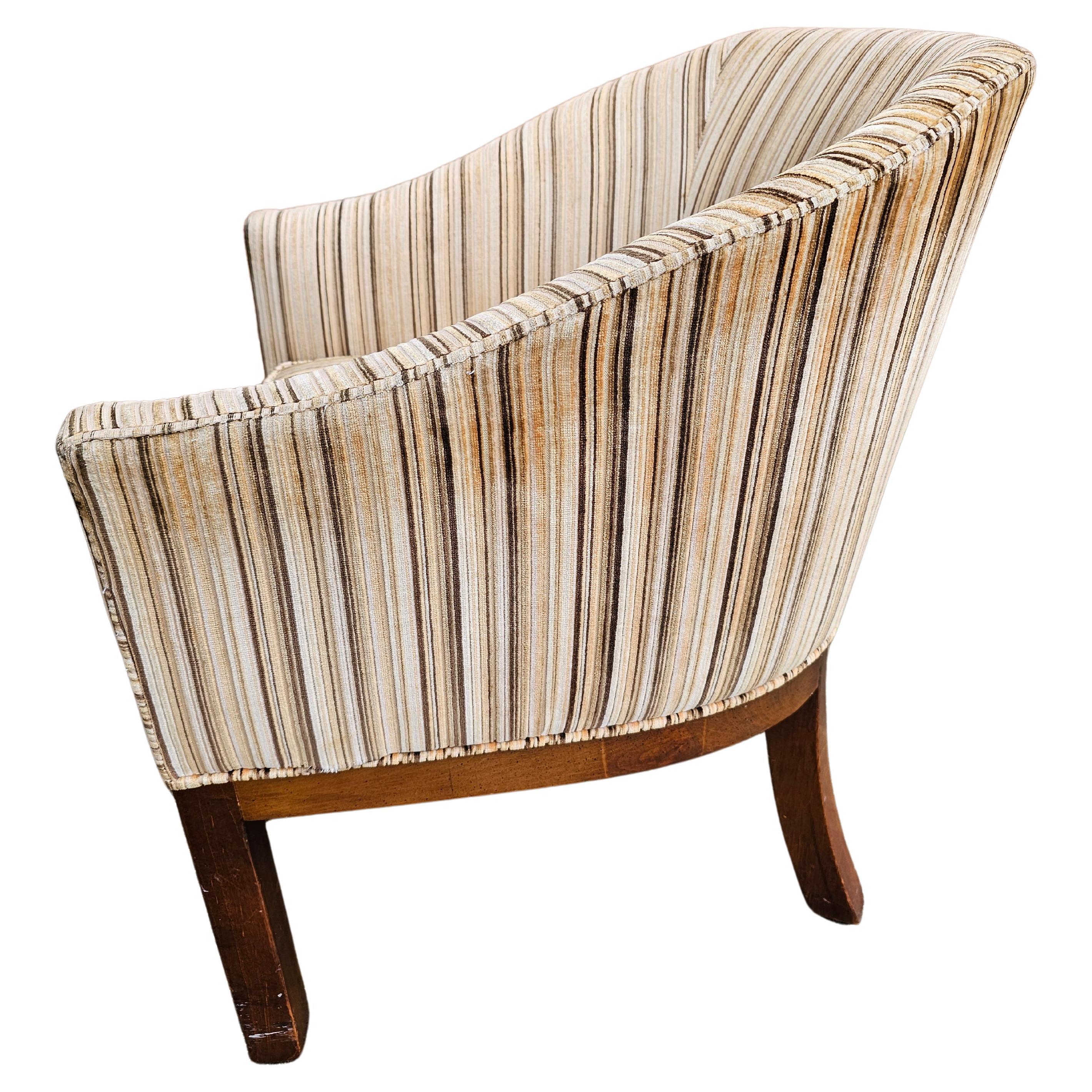 Mid-Century Modern 20th Century Mahogany and Stripped Velvet Upholstered Barrel Back Club Chair For Sale