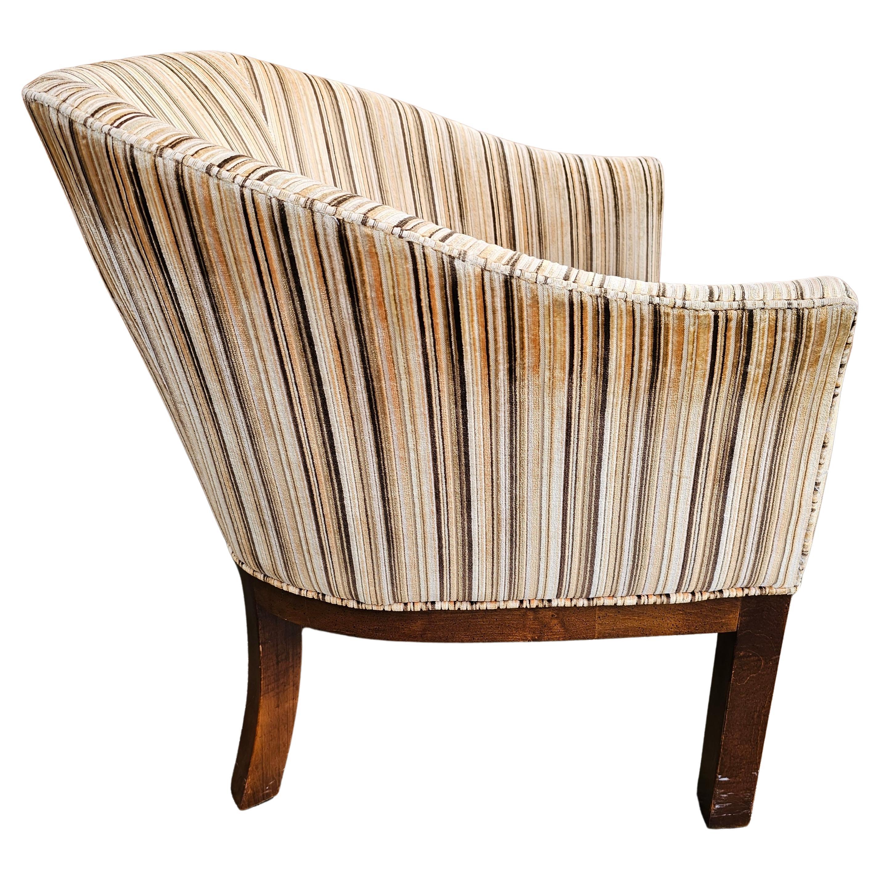 American 20th Century Mahogany and Stripped Velvet Upholstered Barrel Back Club Chair For Sale