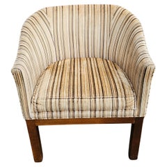 Vintage 20th Century Mahogany and Stripped Velvet Upholstered Barrel Back Club Chair